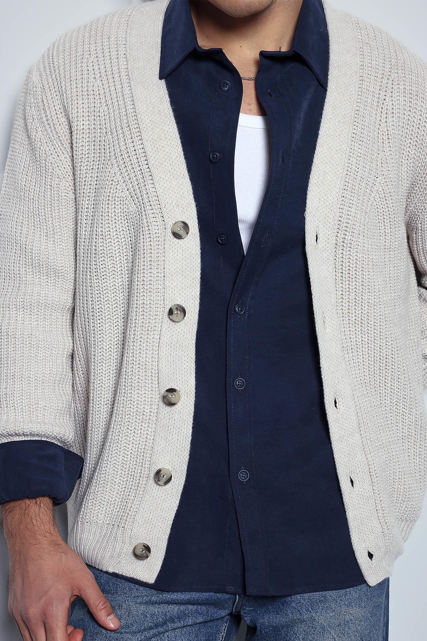 Erkek Oversize Düğmeli Triko Hırka Bej