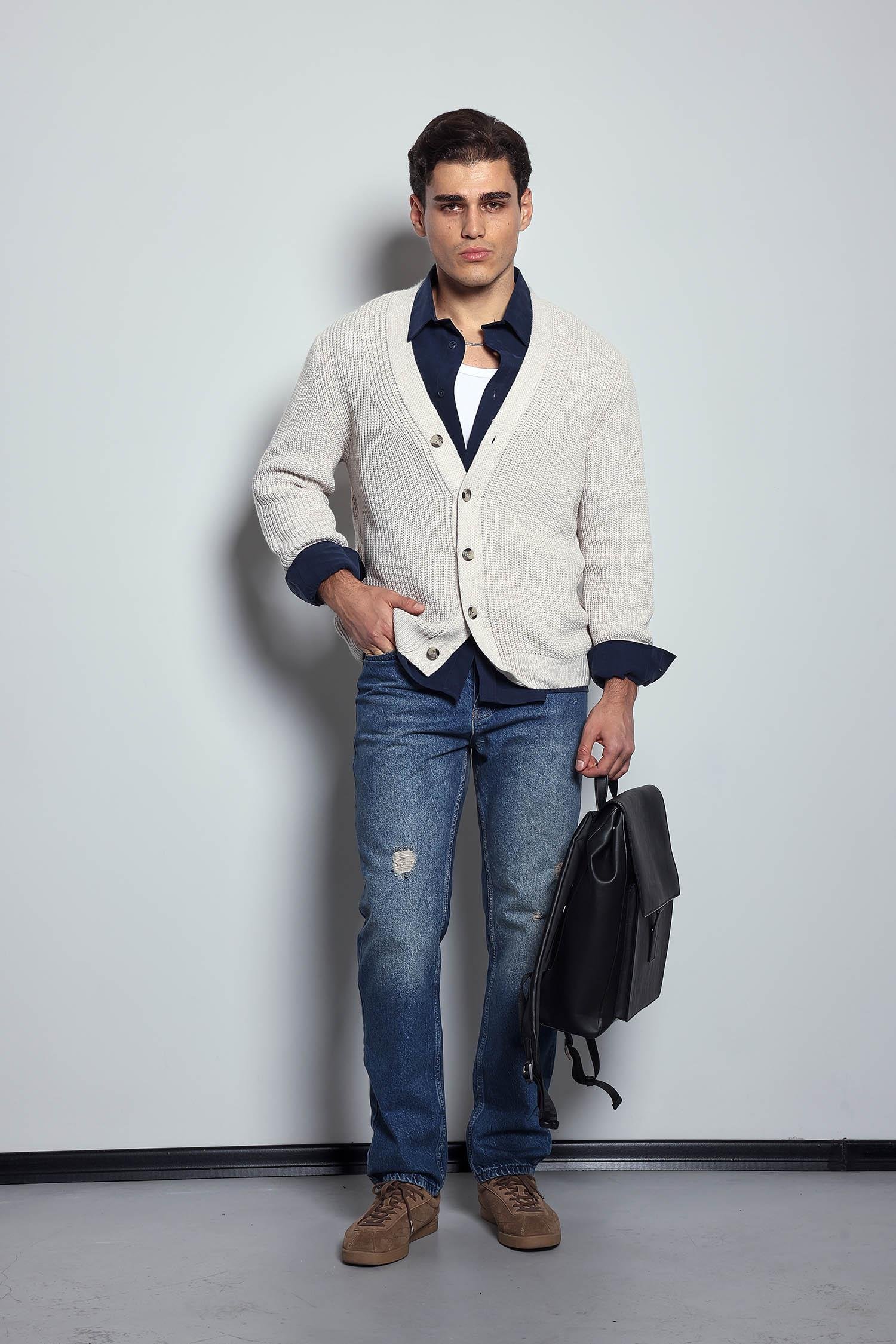 Erkek Oversize Düğmeli Triko Hırka Bej