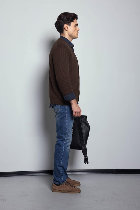 Erkek Oversize Düğmeli Triko Hırka Kahverengi