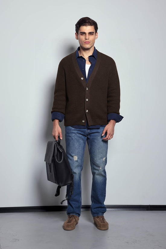 Erkek Oversize Düğmeli Triko Hırka Kahverengi