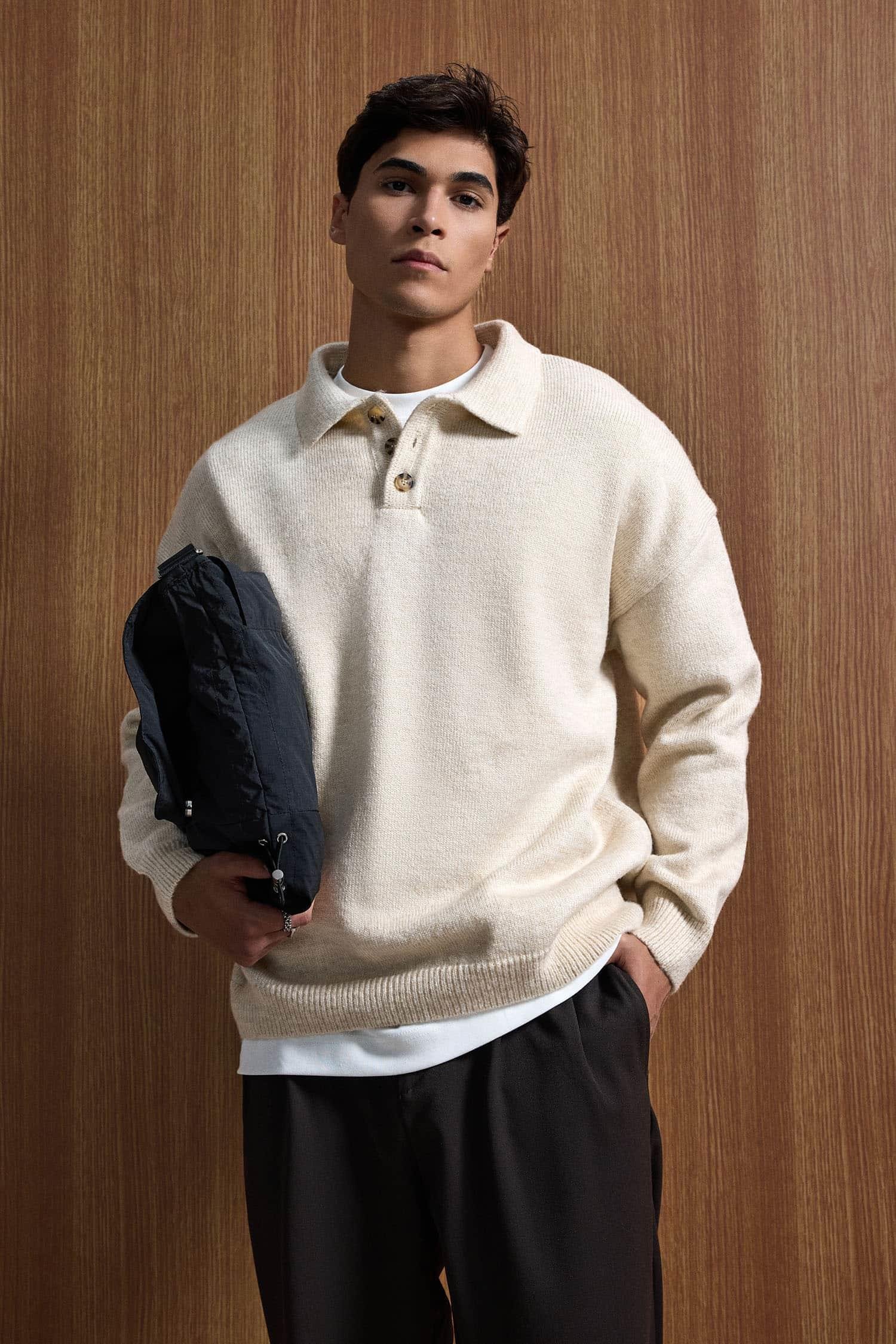 Erkek Oversize Düğmeli Triko Kazak Bej