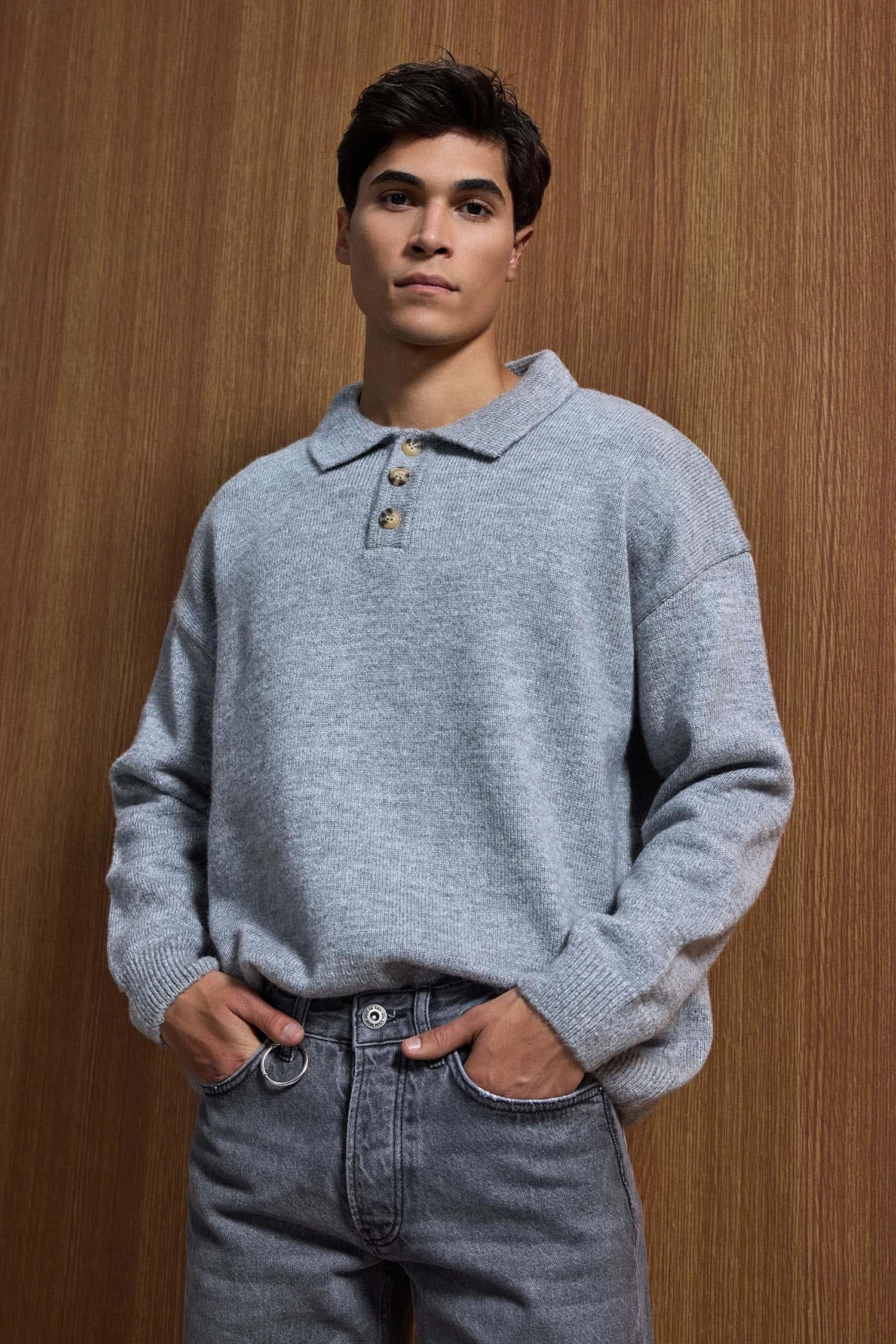 Erkek Oversize Düğmeli Triko Kazak Gri