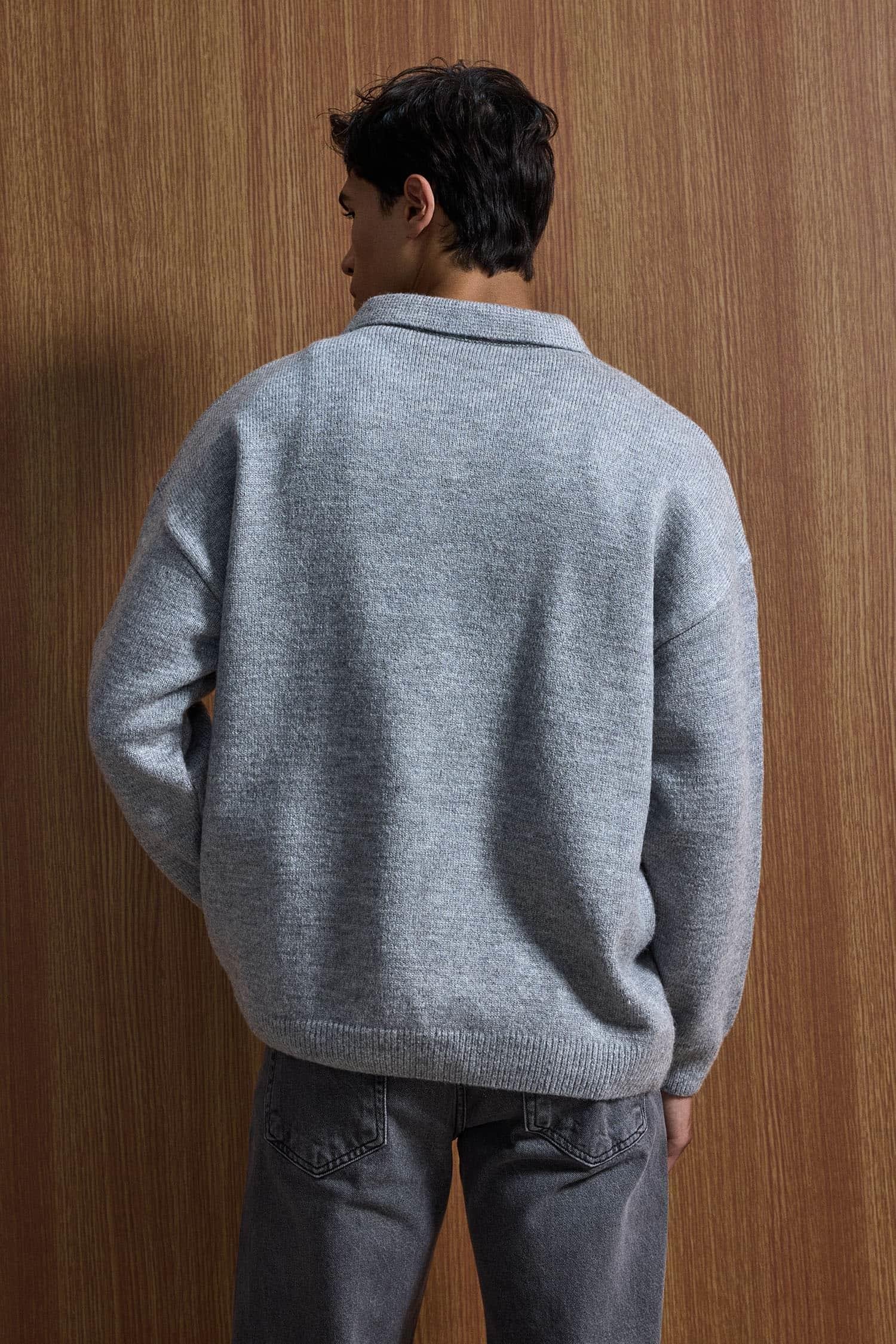 Erkek Oversize Düğmeli Triko Kazak Gri