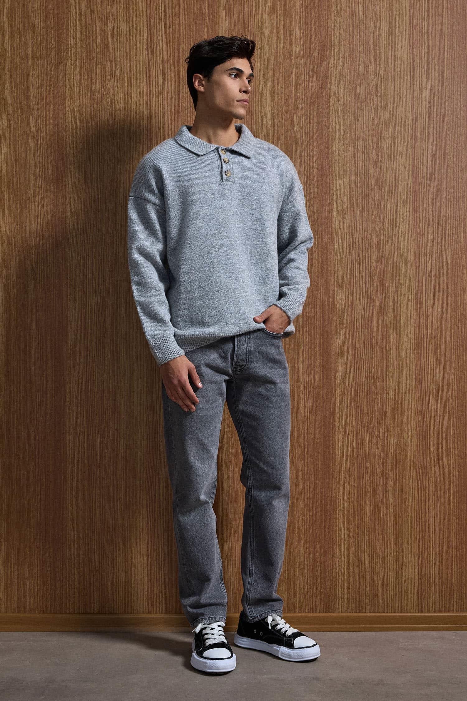 Erkek Oversize Düğmeli Triko Kazak Gri