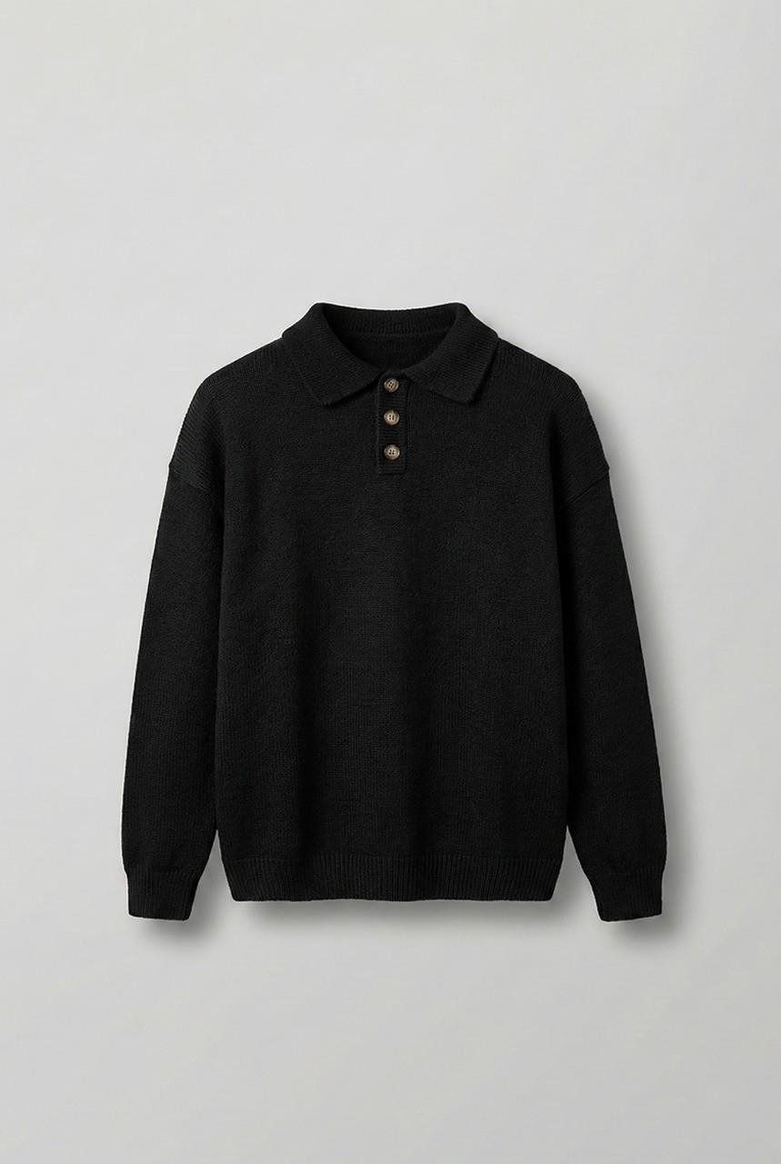 Erkek Oversize Düğmeli Triko Kazak Siyah