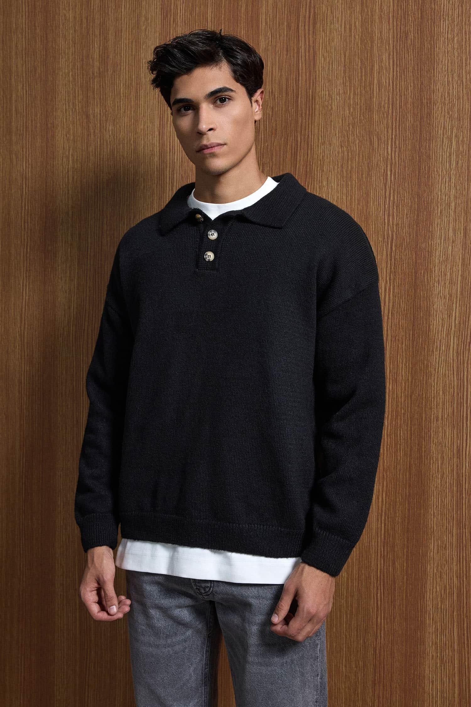 Erkek Oversize Düğmeli Triko Kazak Siyah