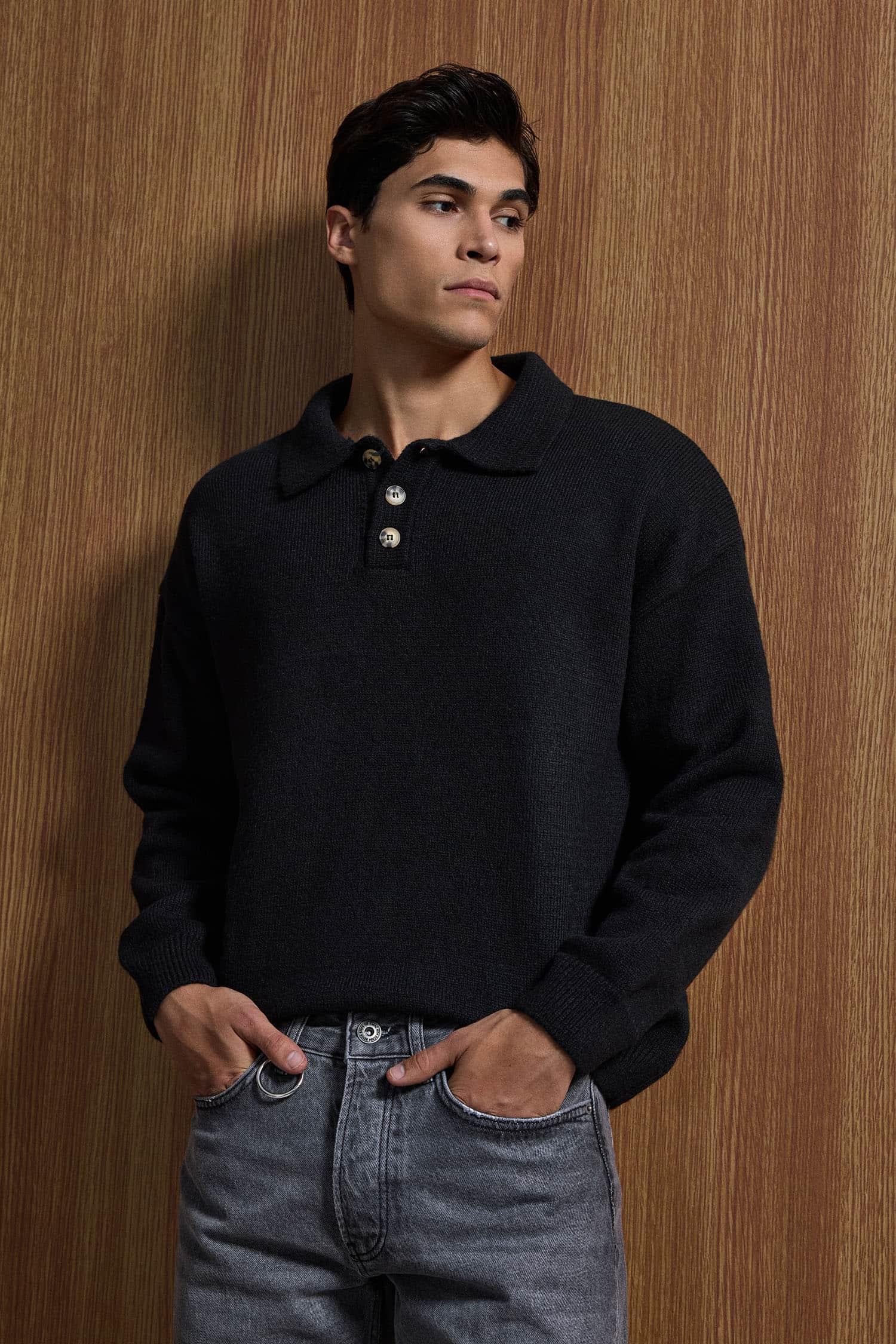 Erkek Oversize Düğmeli Triko Kazak Siyah