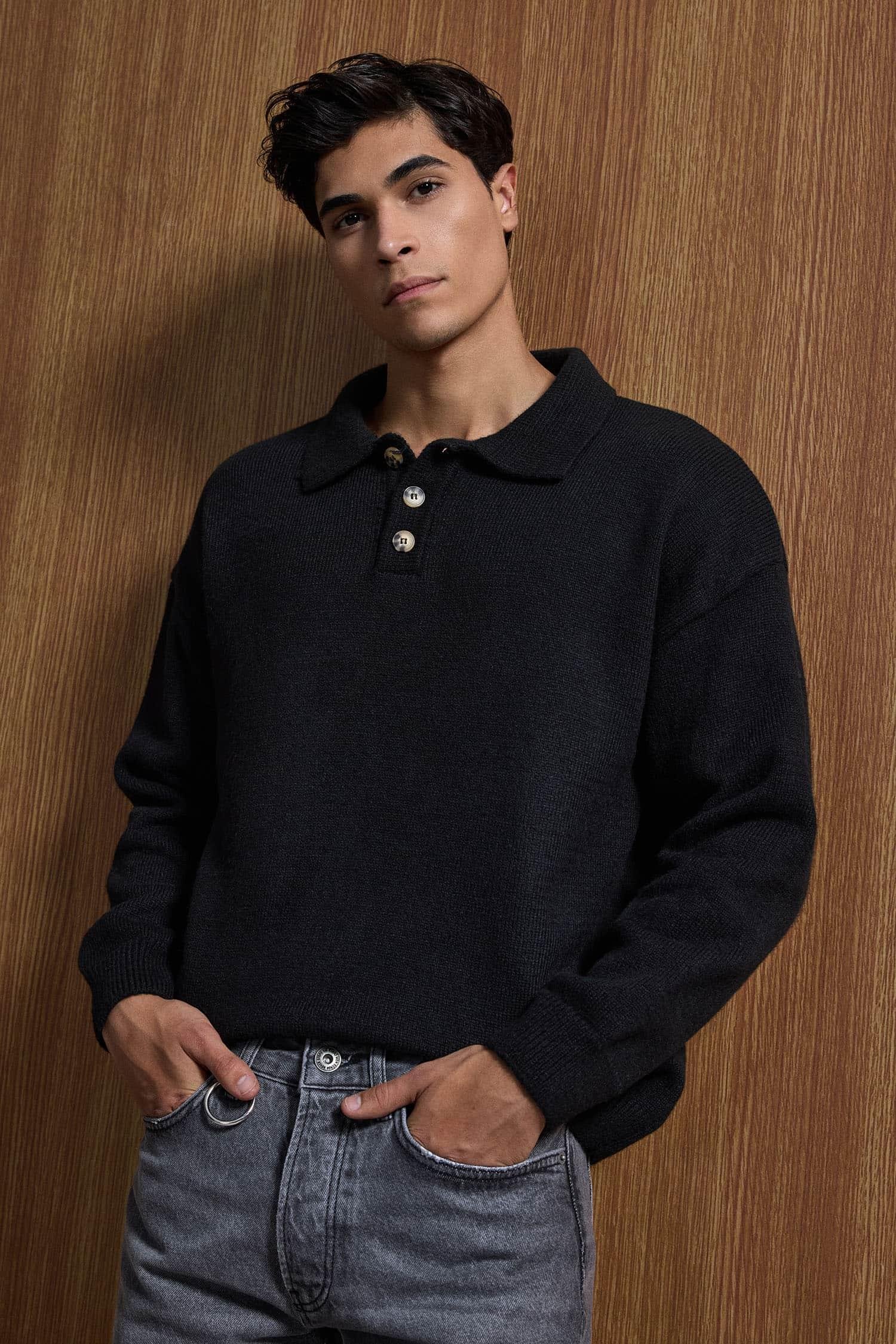 Erkek Oversize Düğmeli Triko Kazak Siyah