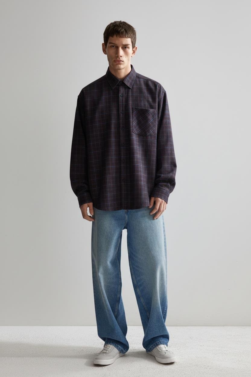 Erkek Oversize Ekose Baskılı Gömlek Antrasit