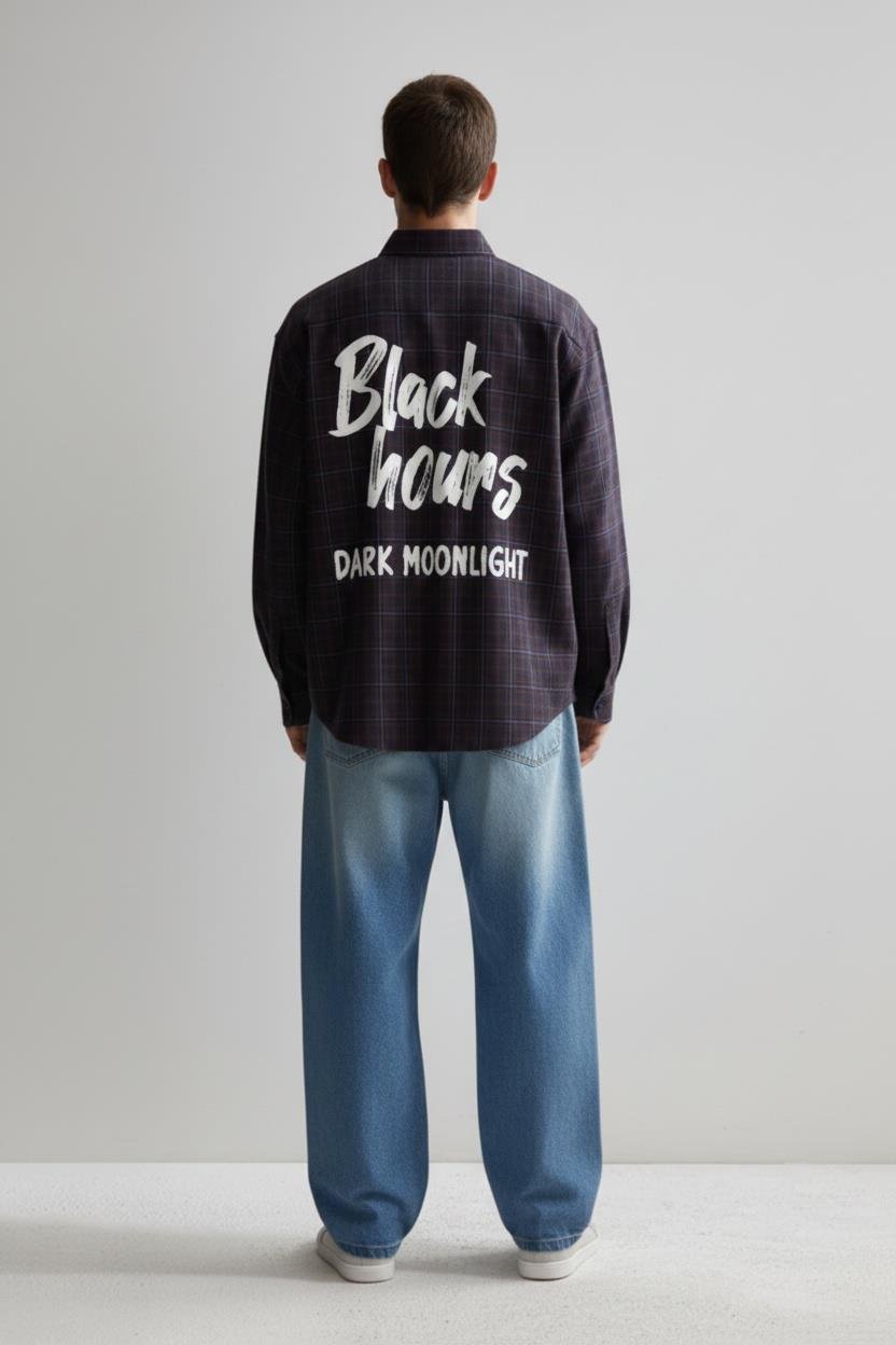 Erkek Oversize Ekose Baskılı Gömlek Antrasit