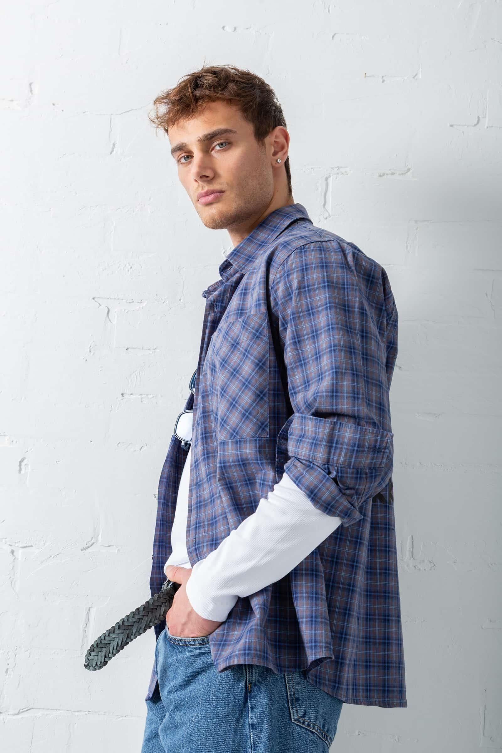 Erkek Oversize Ekose Baskılı Gömlek Mavi