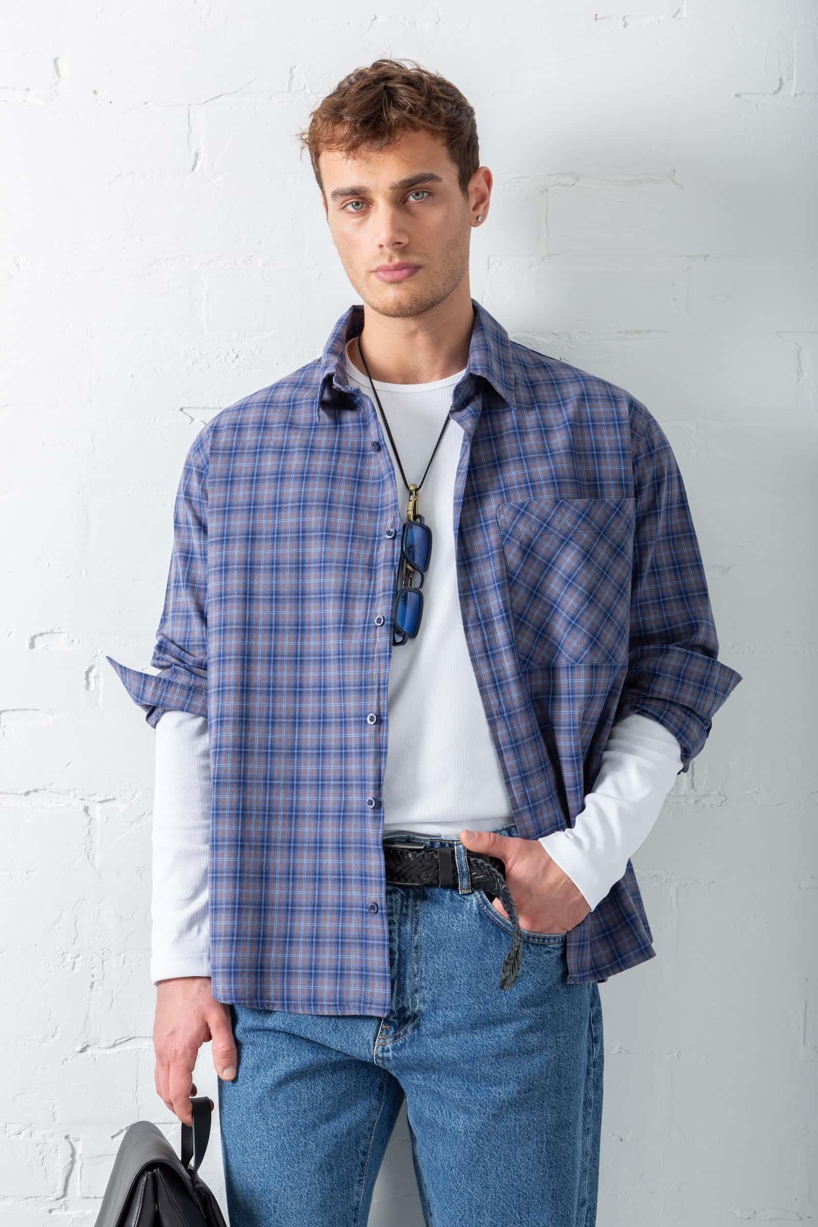 Erkek Oversize Ekose Baskılı Gömlek Mavi