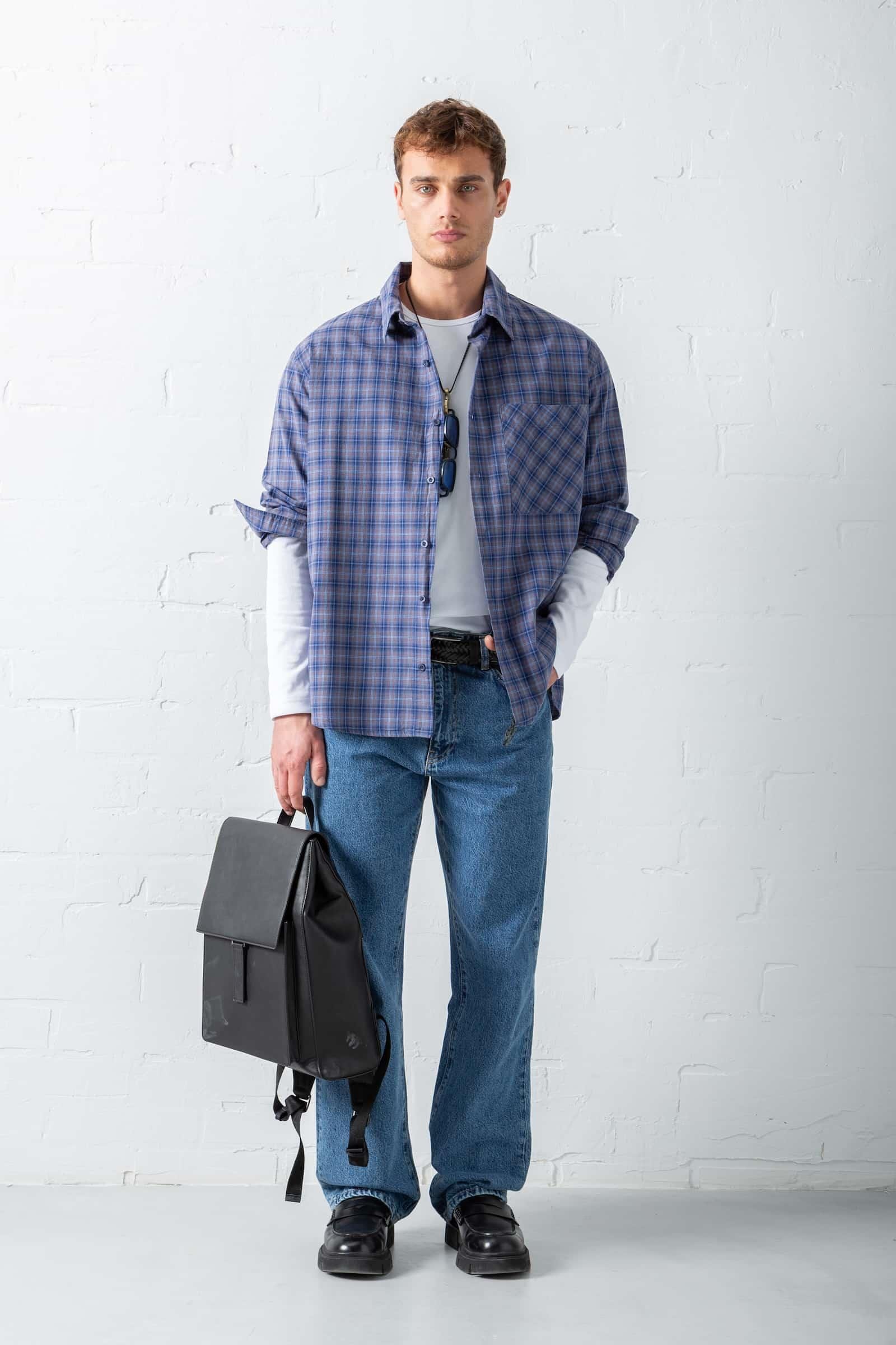 Erkek Oversize Ekose Baskılı Gömlek Mavi