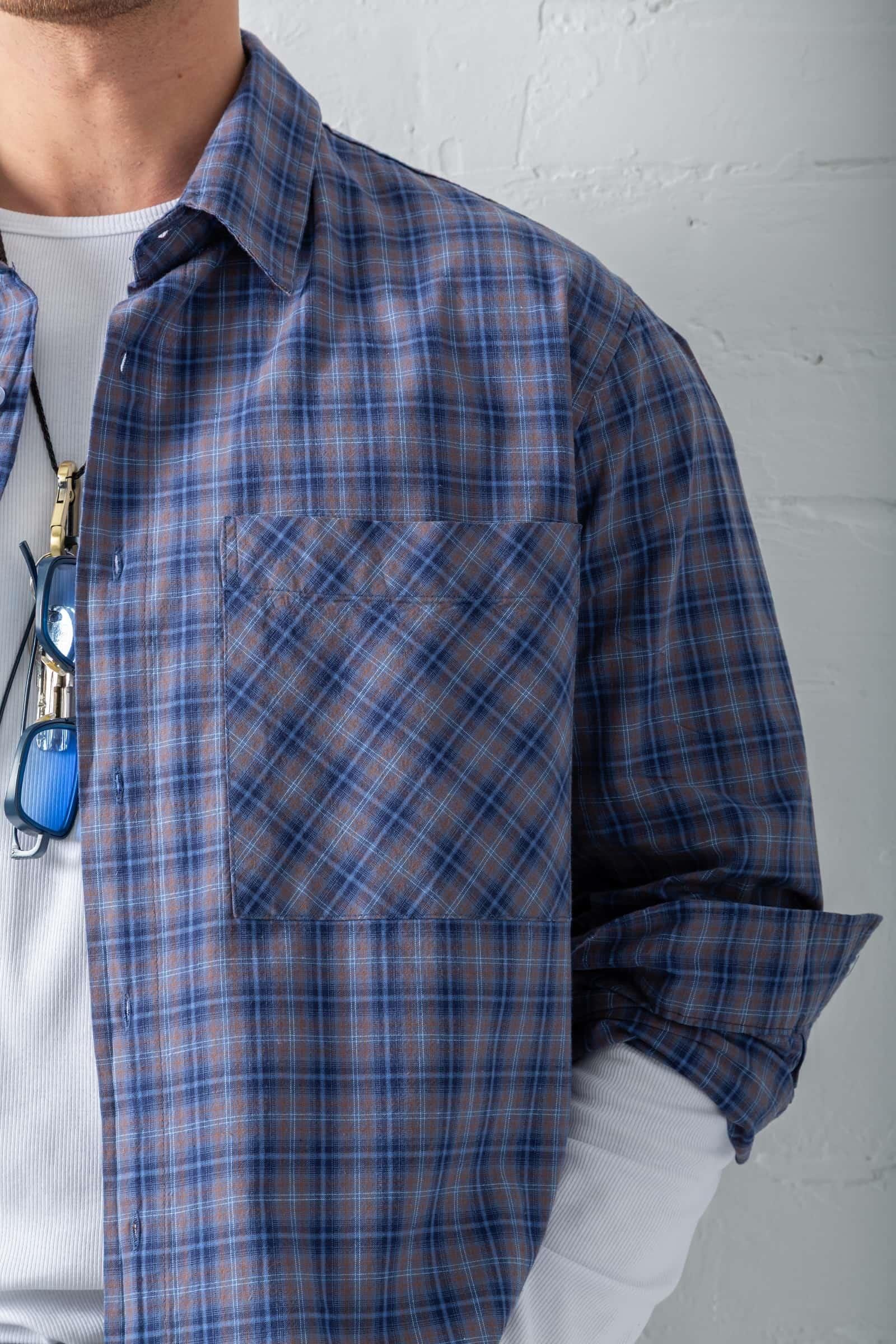 Erkek Oversize Ekose Baskılı Gömlek Mavi