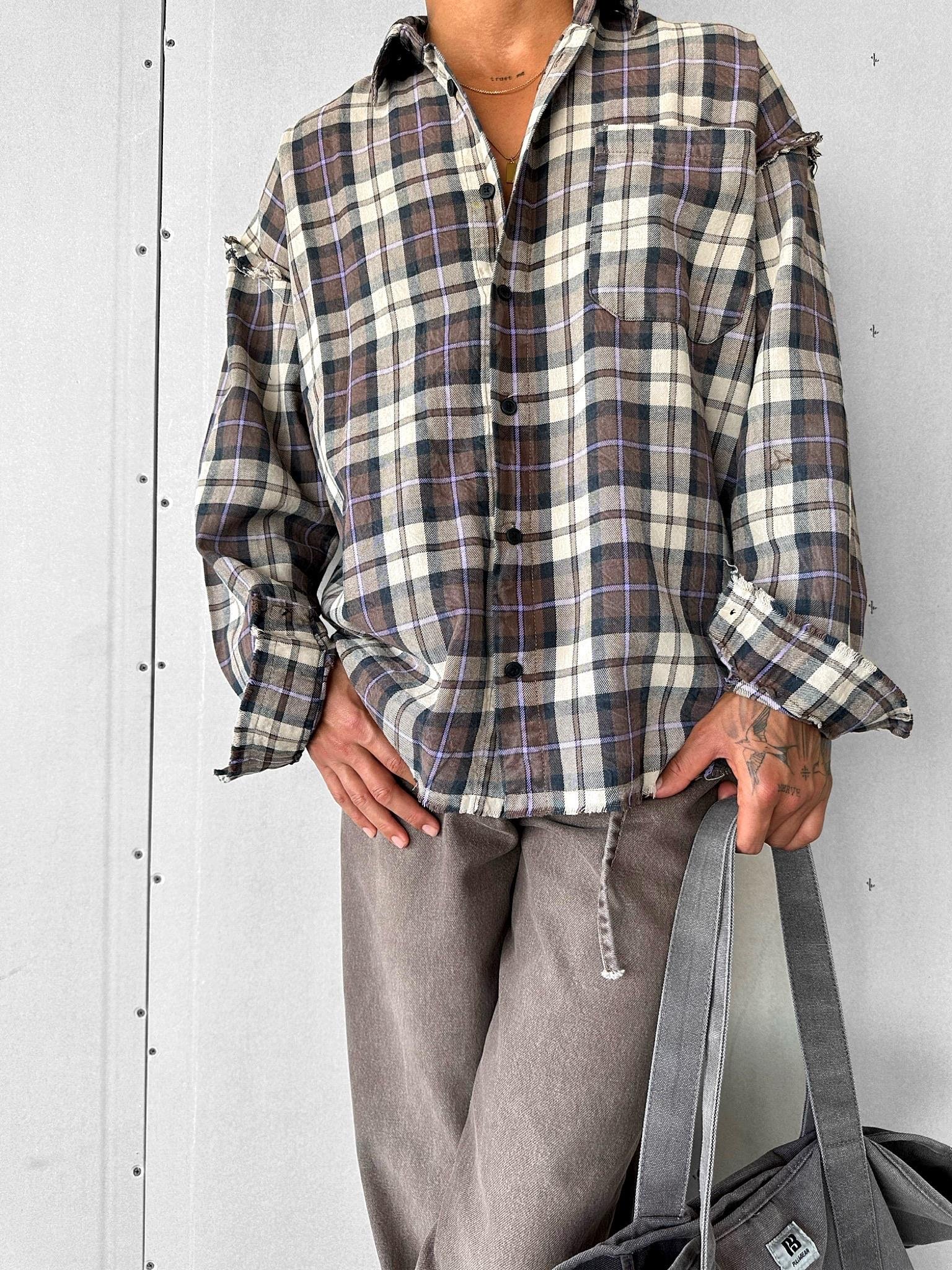 Erkek Oversize Ekose Çizgili Kareli Cepli Uzun Kollu Gömlek Kahverengi