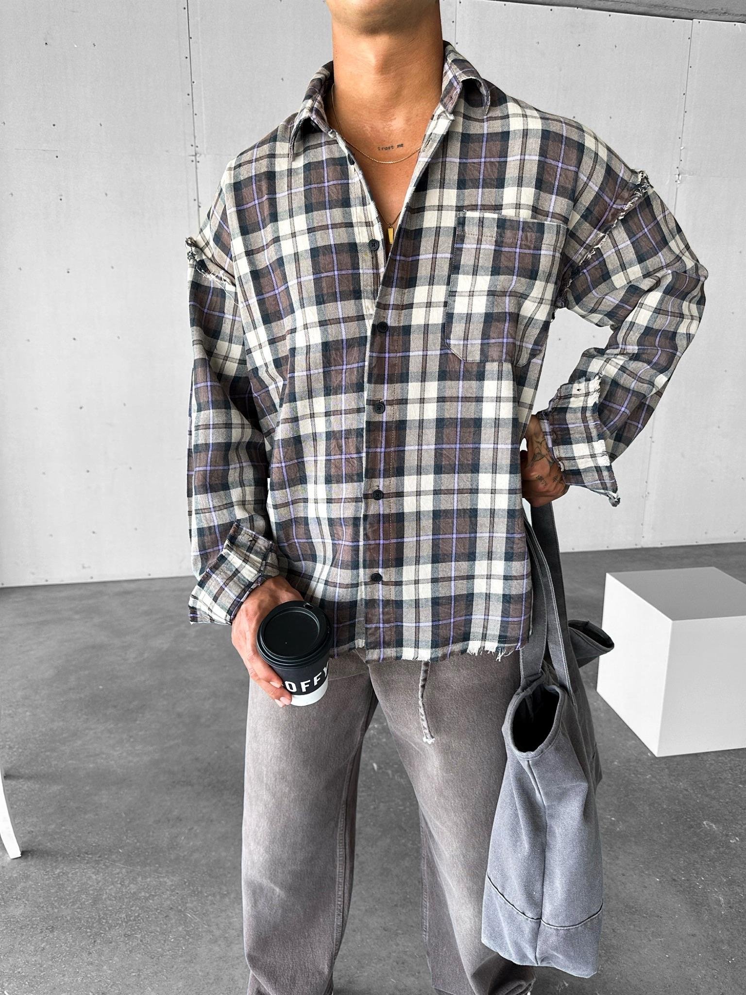 Erkek Oversize Ekose Çizgili Kareli Cepli Uzun Kollu Gömlek Kahverengi