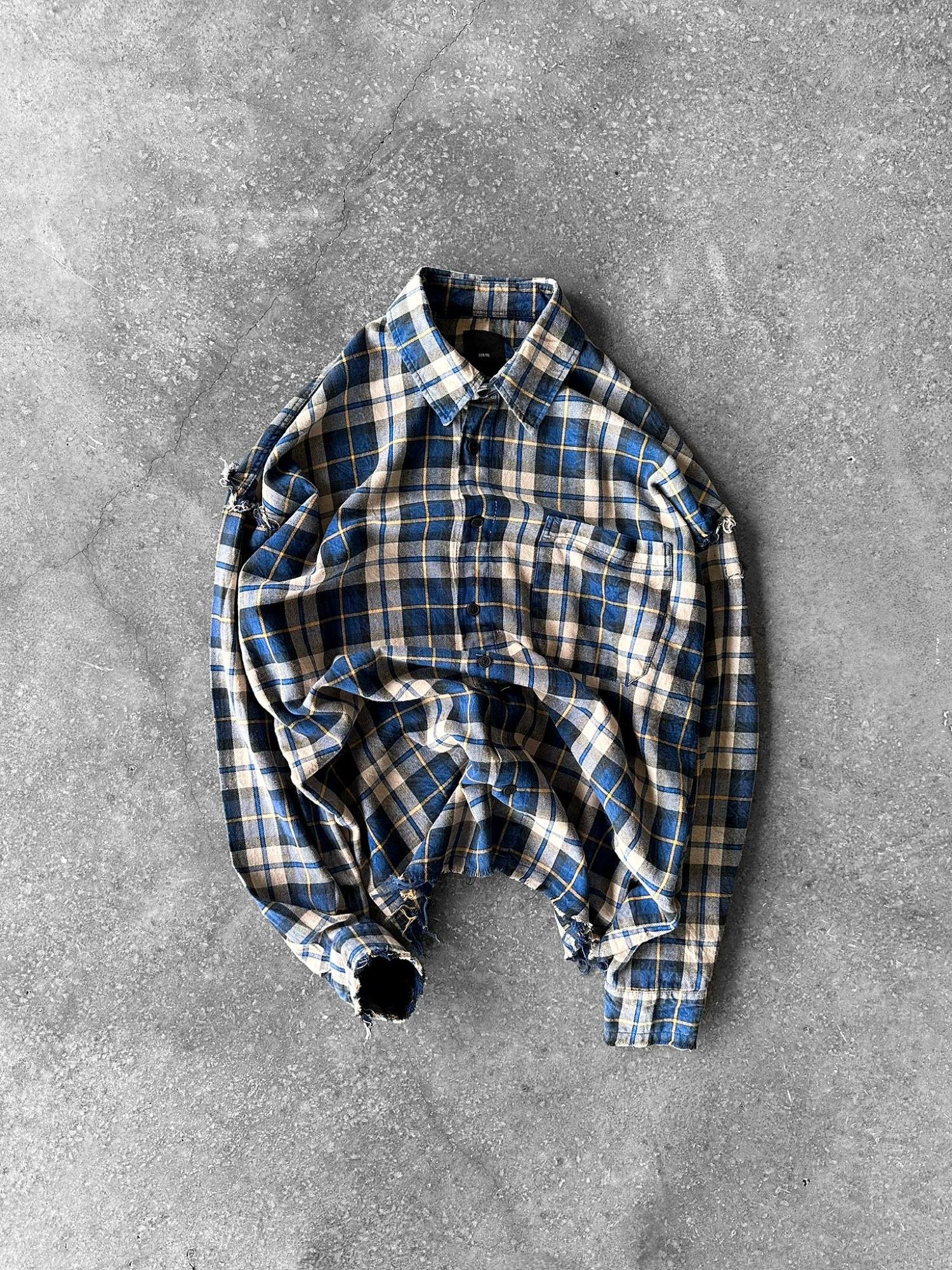 Erkek Oversize Ekose Çizgili Kareli Cepli Uzun Kollu Gömlek Mavi