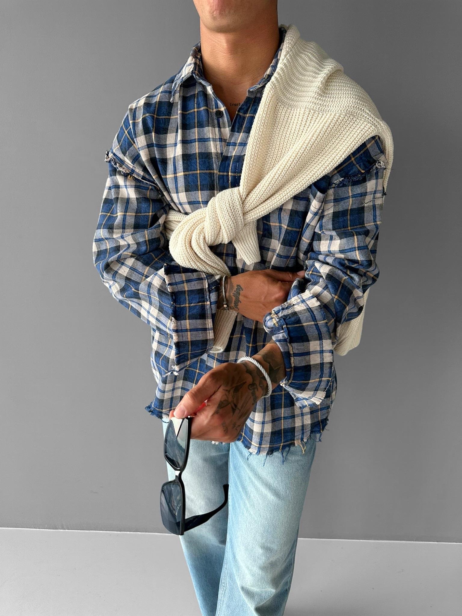 Erkek Oversize Ekose Çizgili Kareli Cepli Uzun Kollu Gömlek Mavi