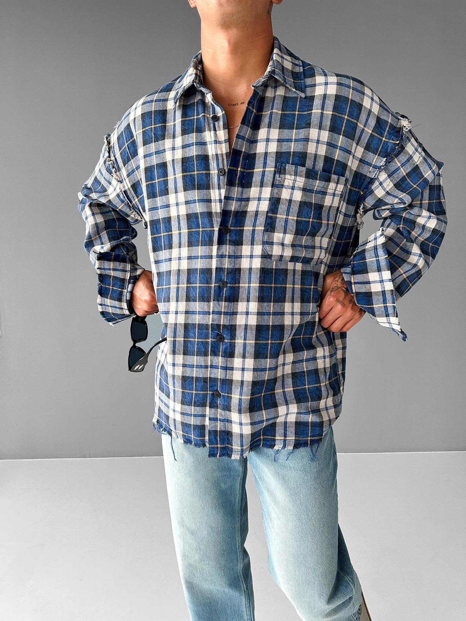 Erkek Oversize Ekose Çizgili Kareli Cepli Uzun Kollu Gömlek Mavi