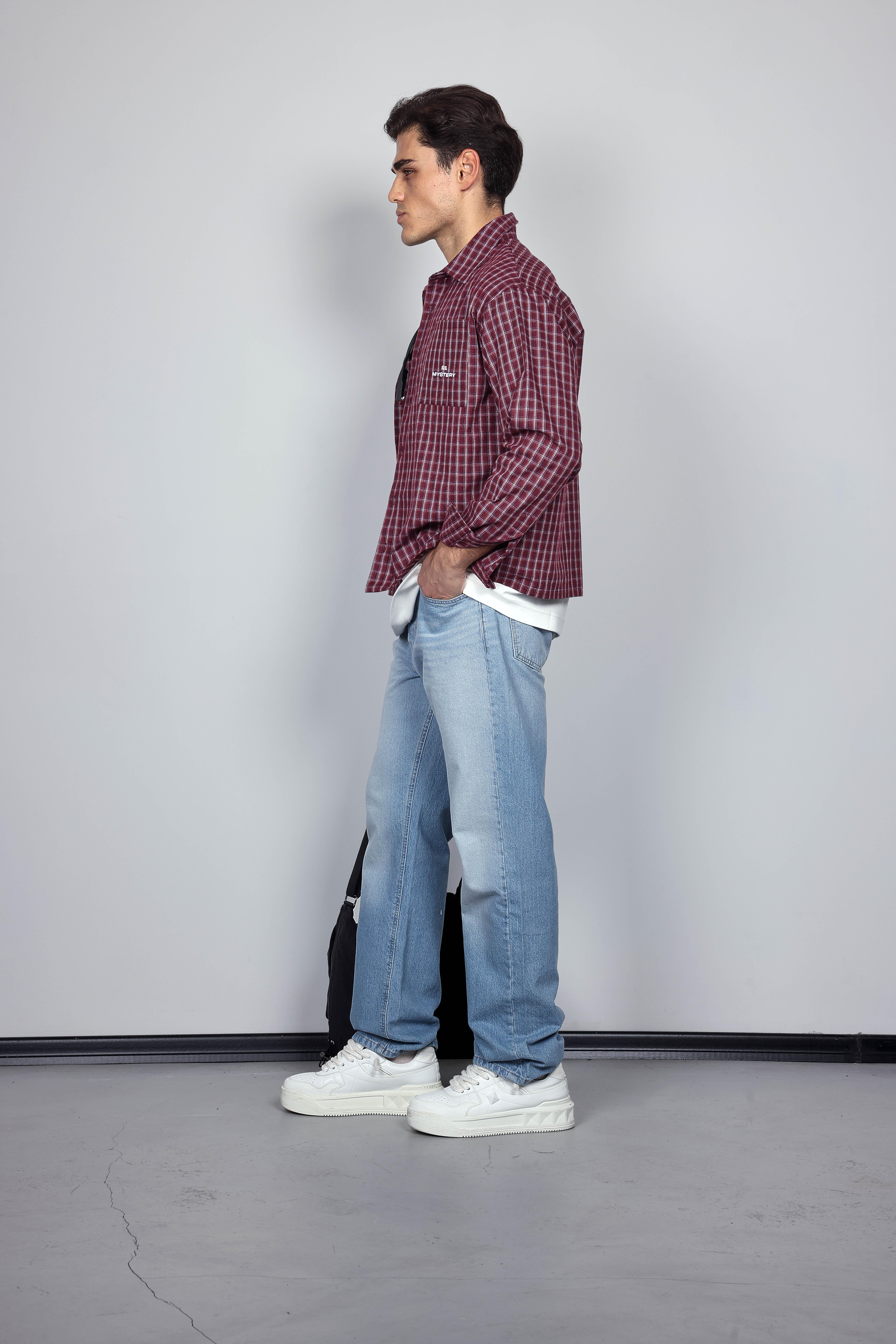 Erkek Oversize Ekose Uzun Kollu Gömlek Bordo