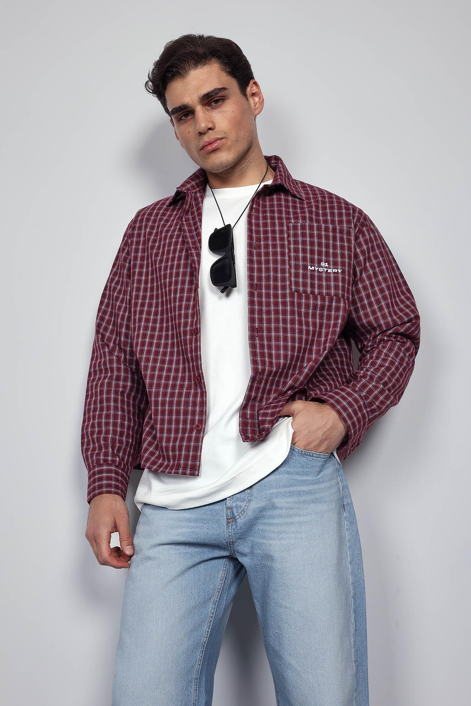 Erkek Oversize Ekose Uzun Kollu Gömlek Bordo