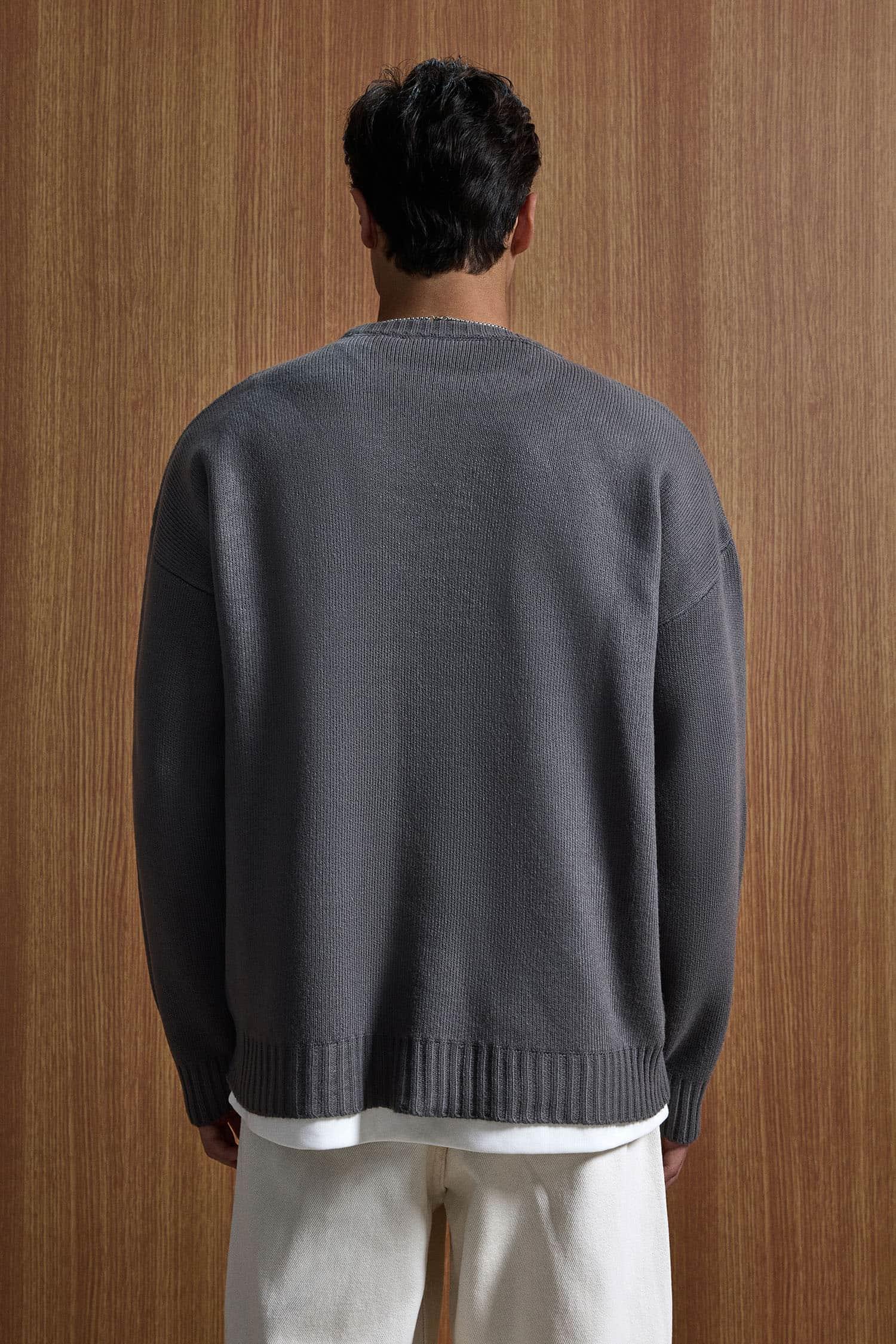 Erkek Oversize Essential Örme Kazak %100 Pamuk Gri