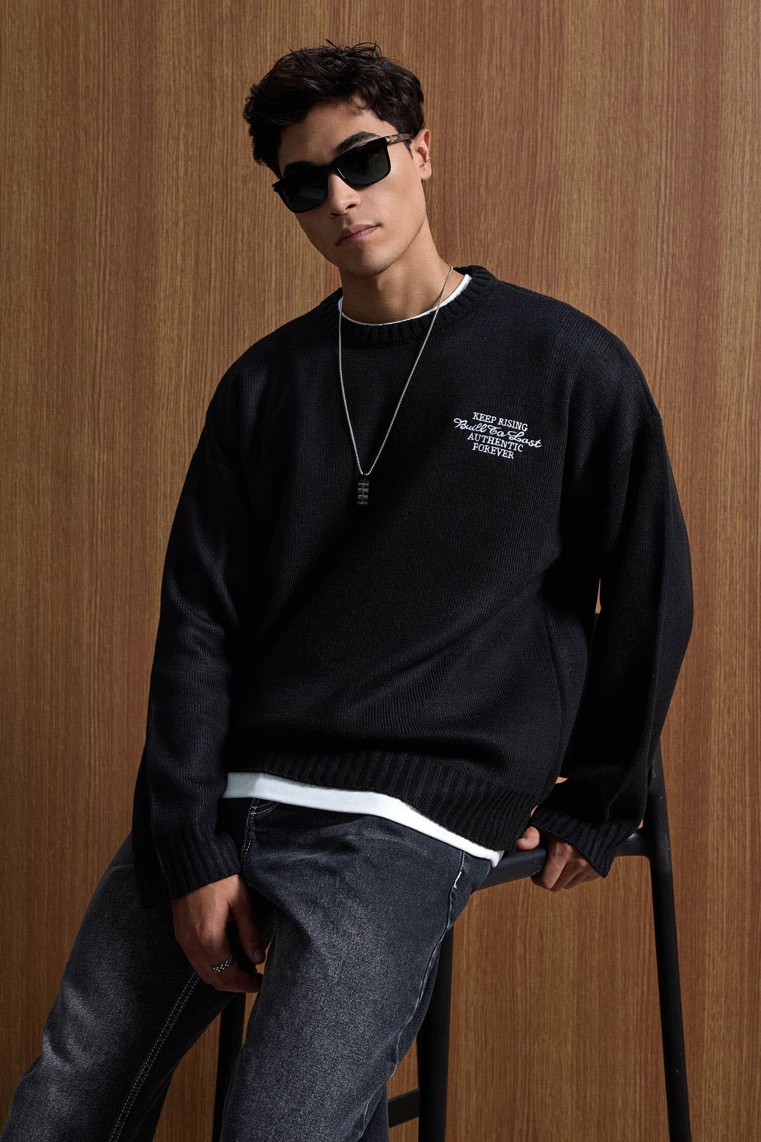 Erkek Oversize Essential Örme Kazak %100 Pamuk Siyah