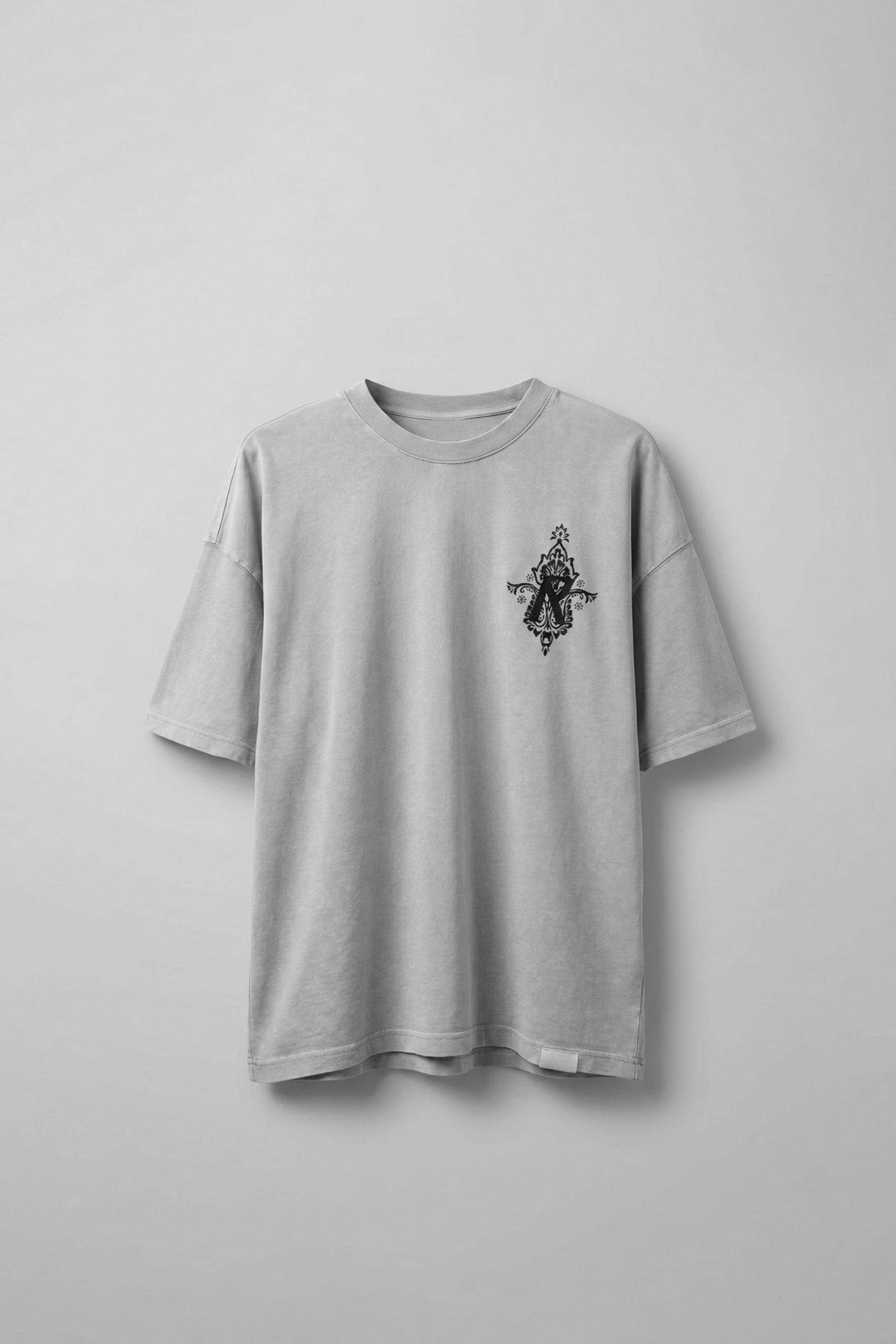 Erkek Oversize Etknik Desen Baskılı Yıkamalı T-Shirt Gri