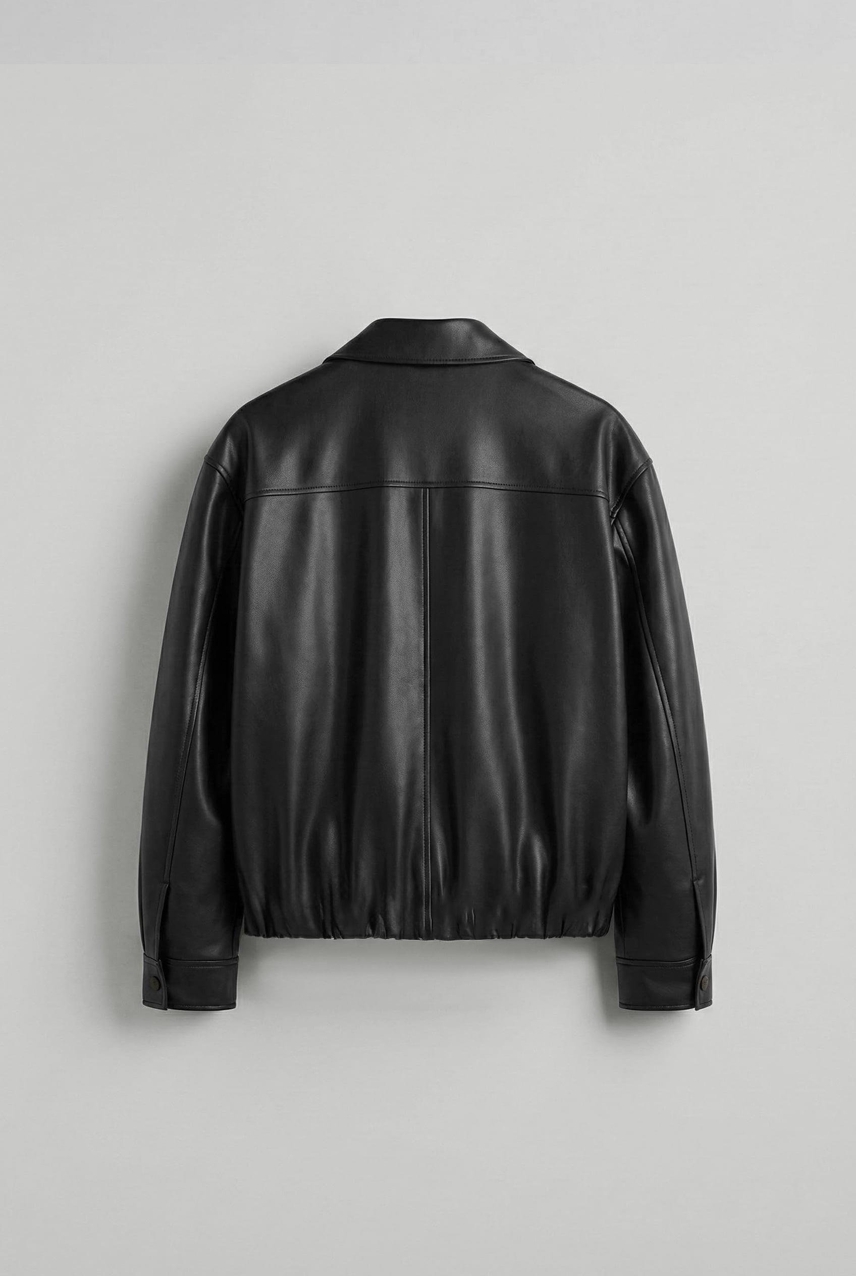 Erkek Oversize Fermuarlı Basic Deri Ceket Siyah