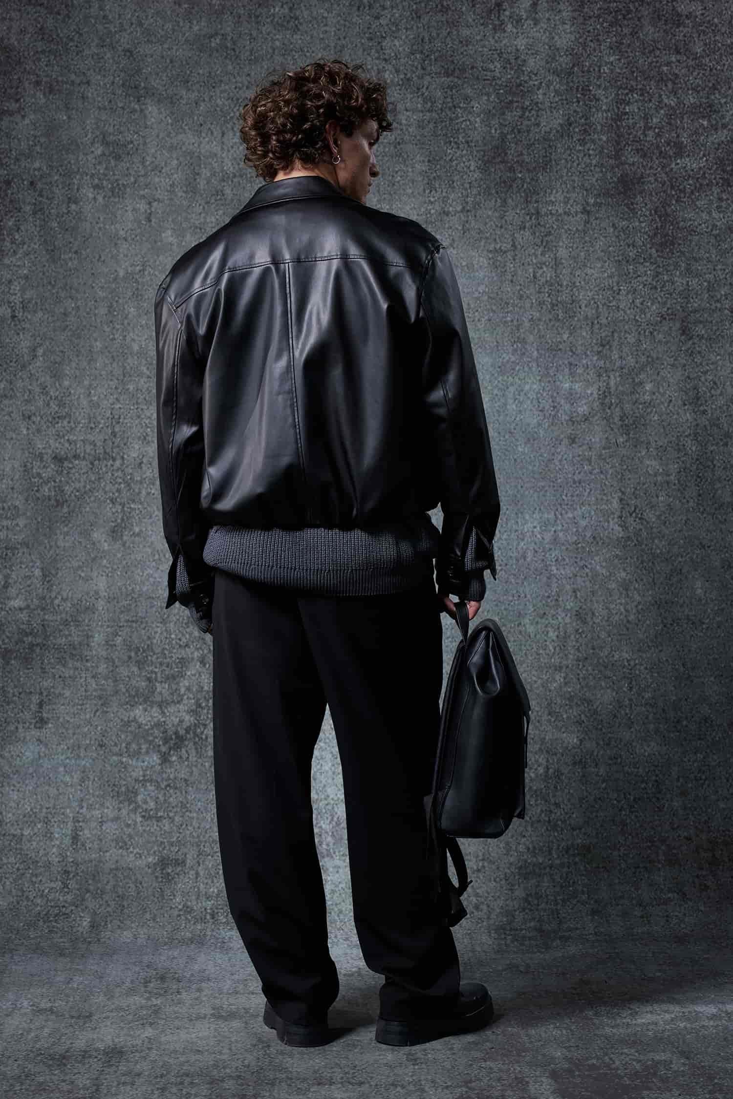 Erkek Oversize Fermuarlı Basic Deri Ceket Siyah