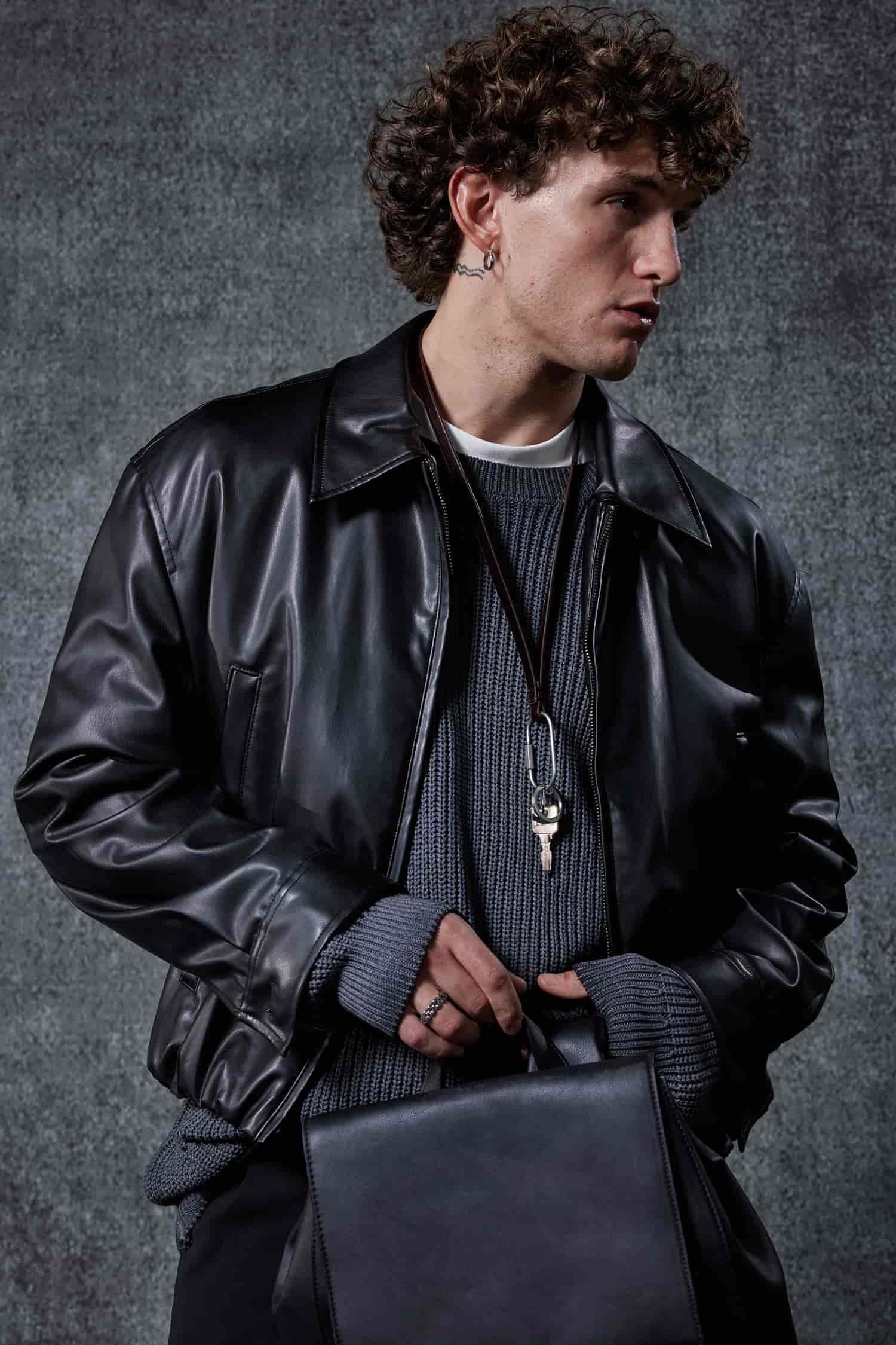 Erkek Oversize Fermuarlı Basic Deri Ceket Siyah