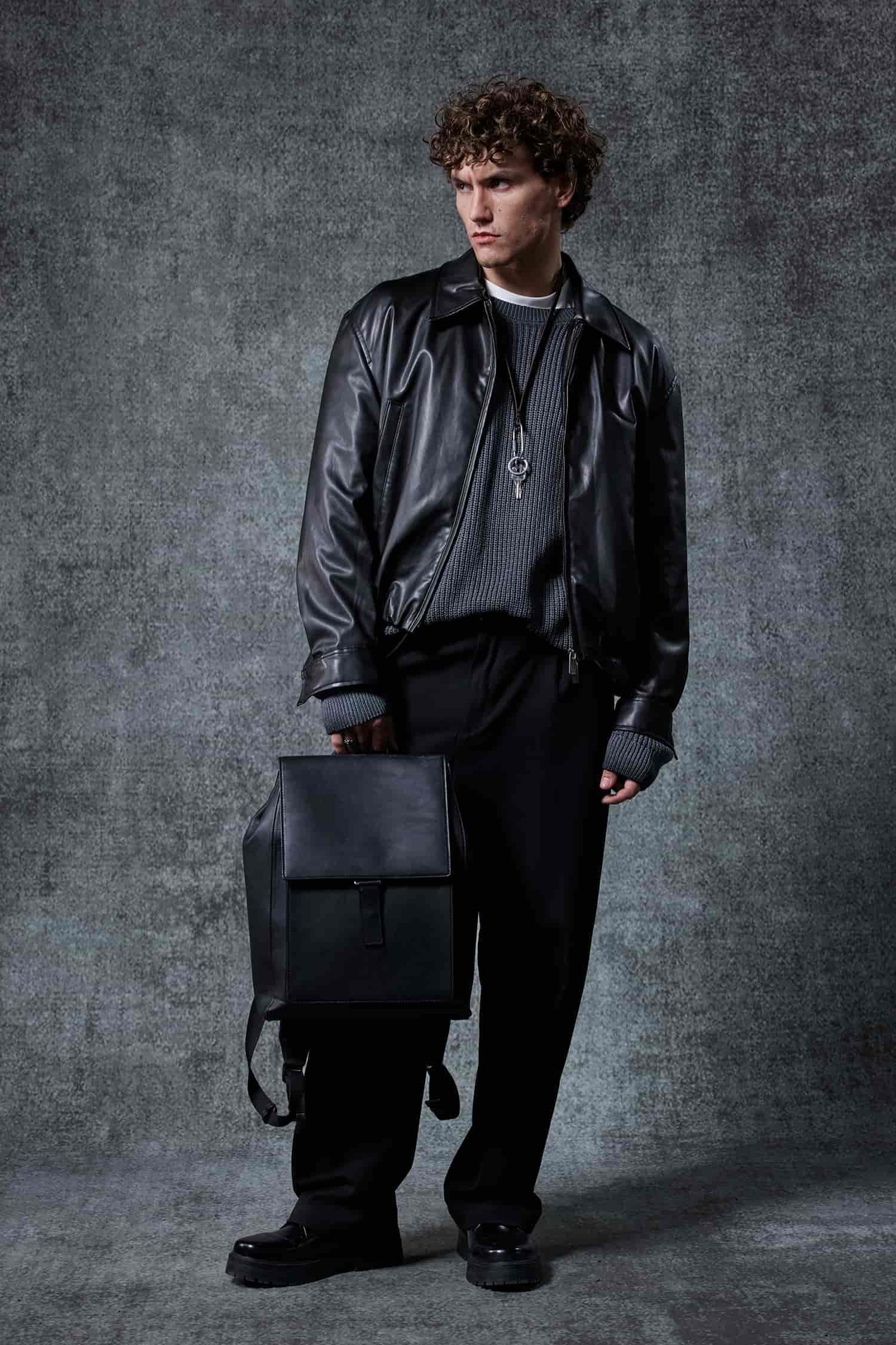 Erkek Oversize Fermuarlı Basic Deri Ceket Siyah