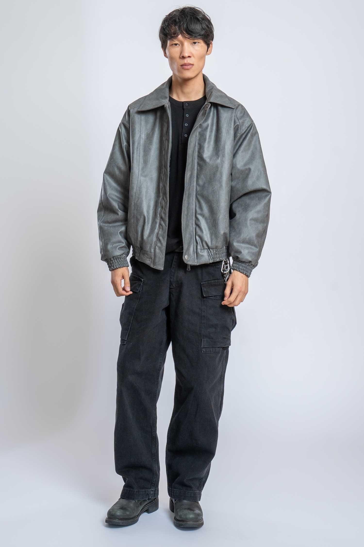 Erkek Oversize Fermuarlı Basic Deri Mont Gri