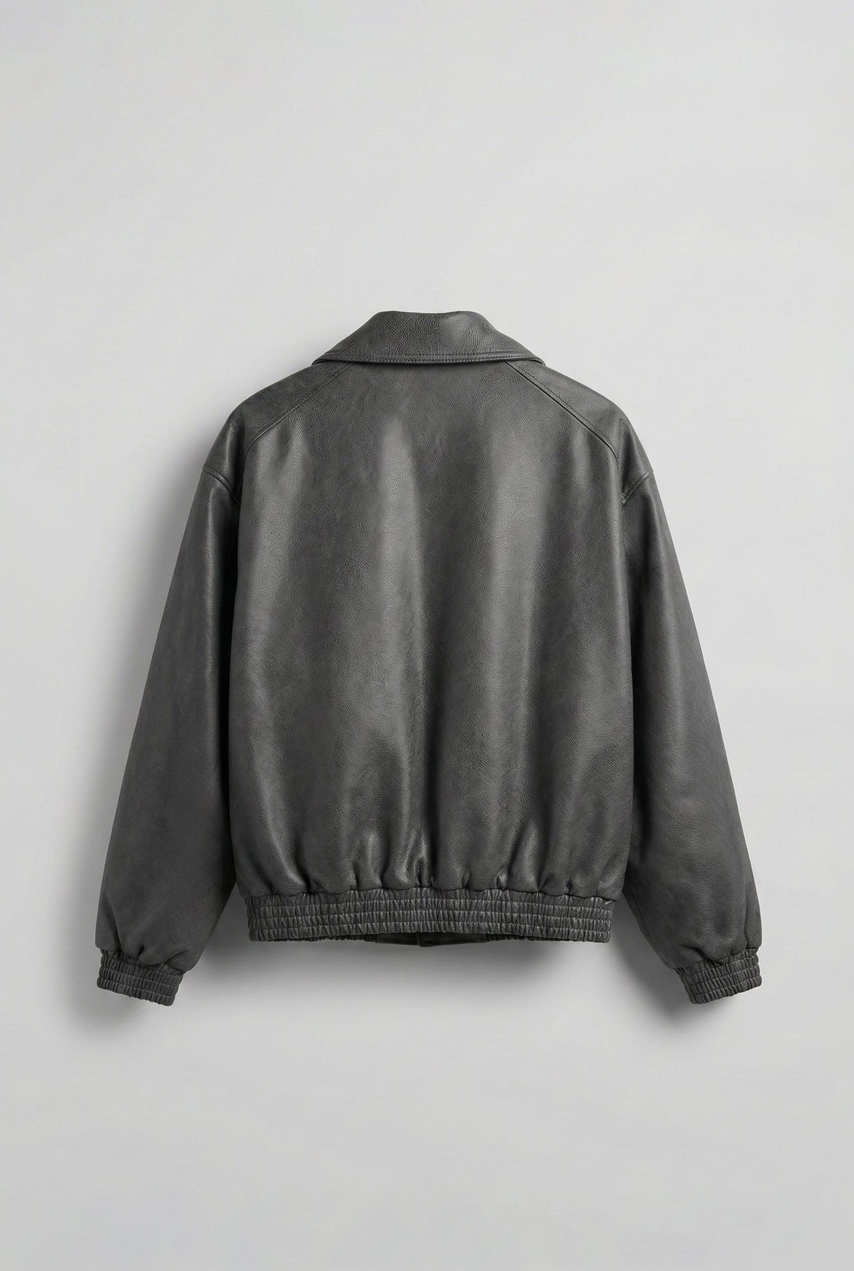 Erkek Oversize Fermuarlı Basic Deri Mont Gri