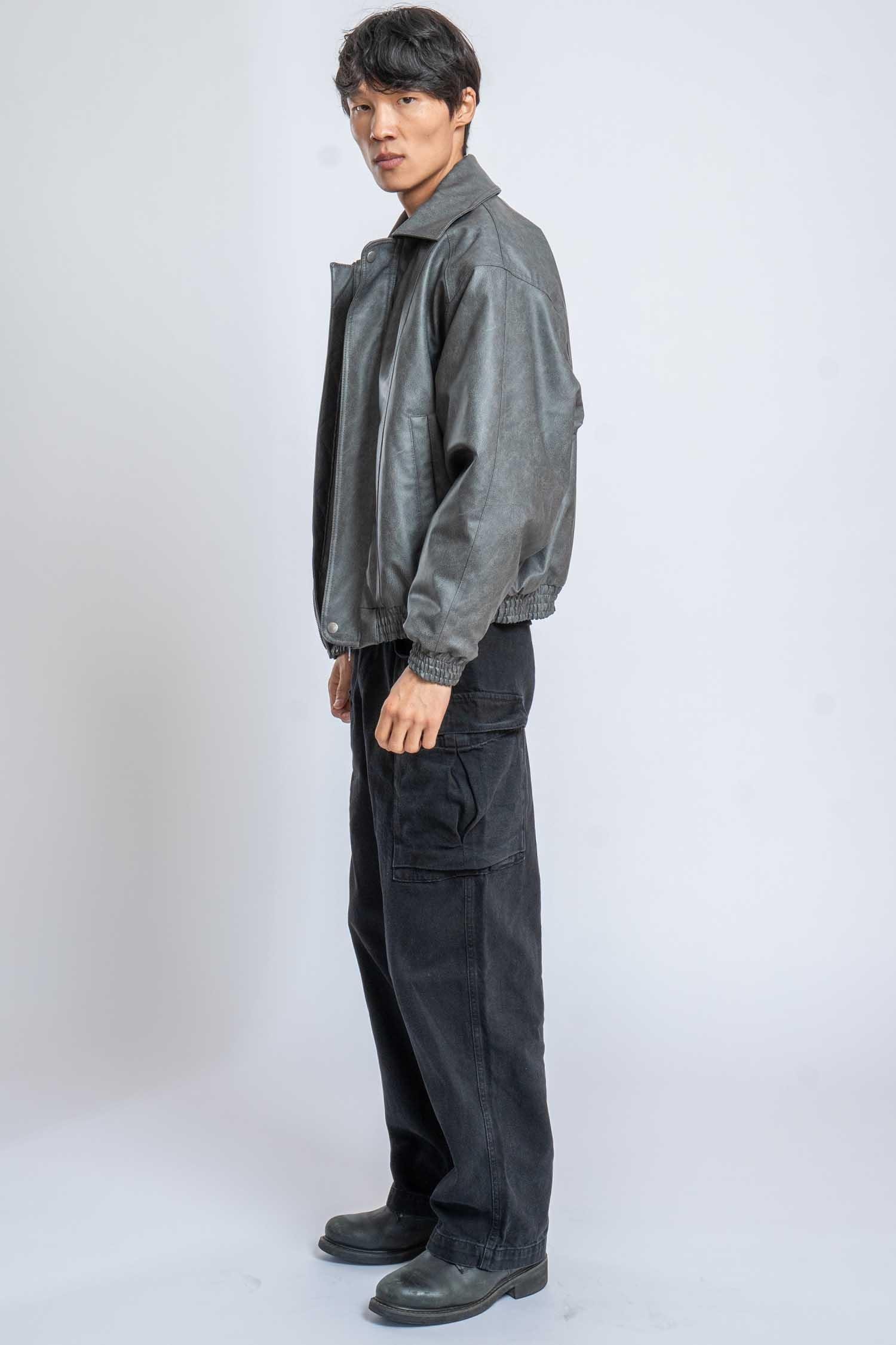 Erkek Oversize Fermuarlı Basic Deri Mont Gri