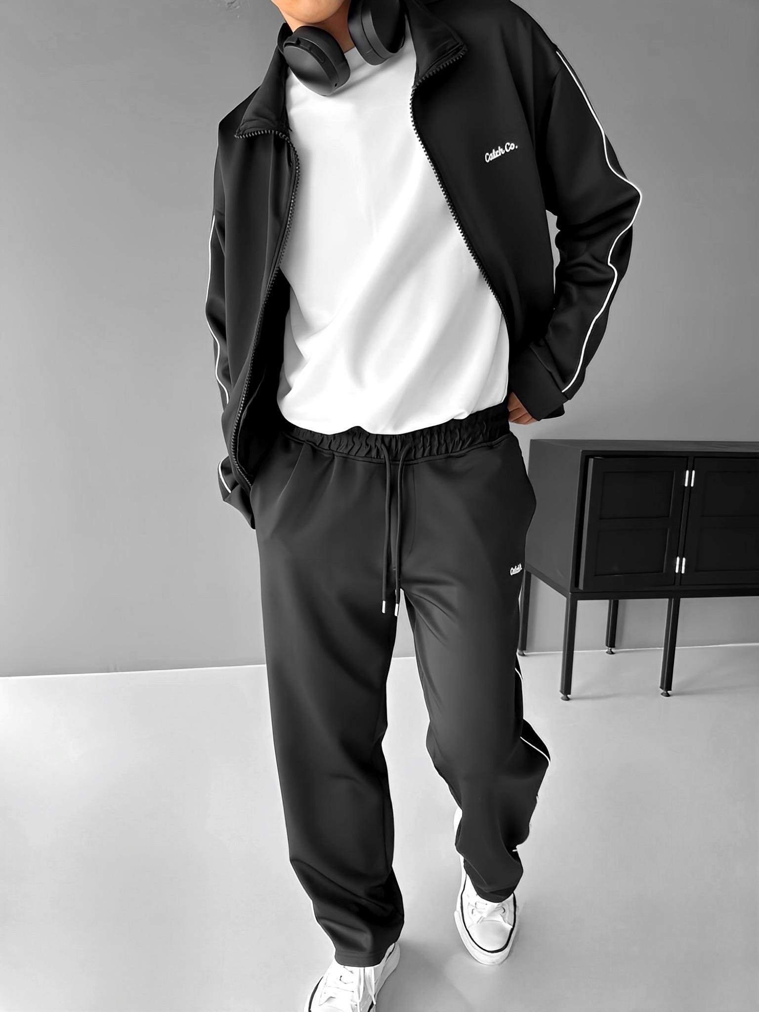 Erkek Oversize Fermuarlı Baskılı Sweatshirt Siyah