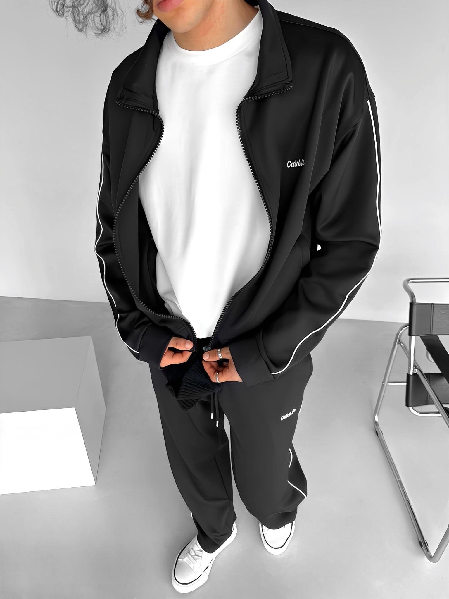 Erkek Oversize Fermuarlı Baskılı Sweatshirt Siyah