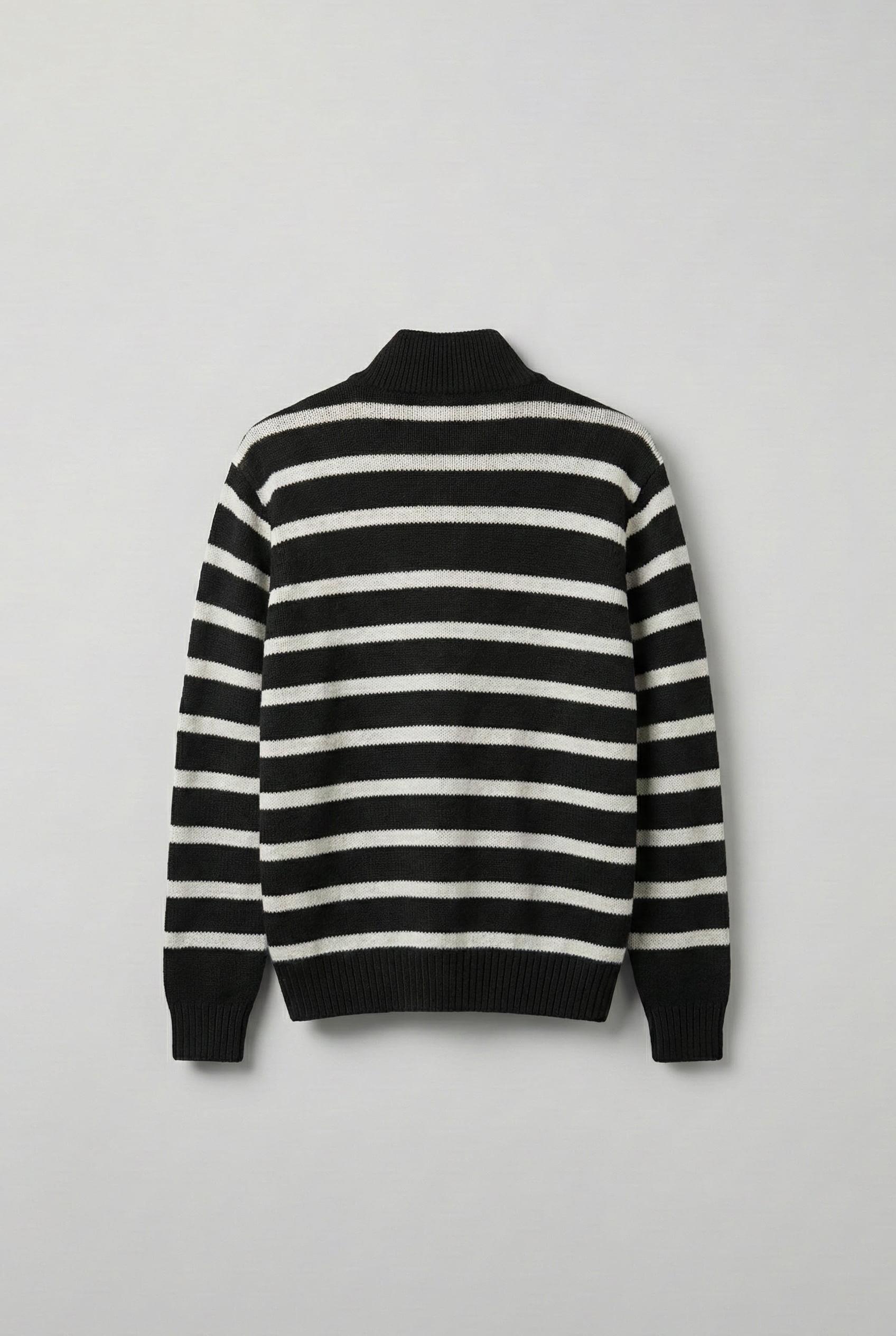 Erkek Oversize Fermuarlı Çizgili Kazak Siyah