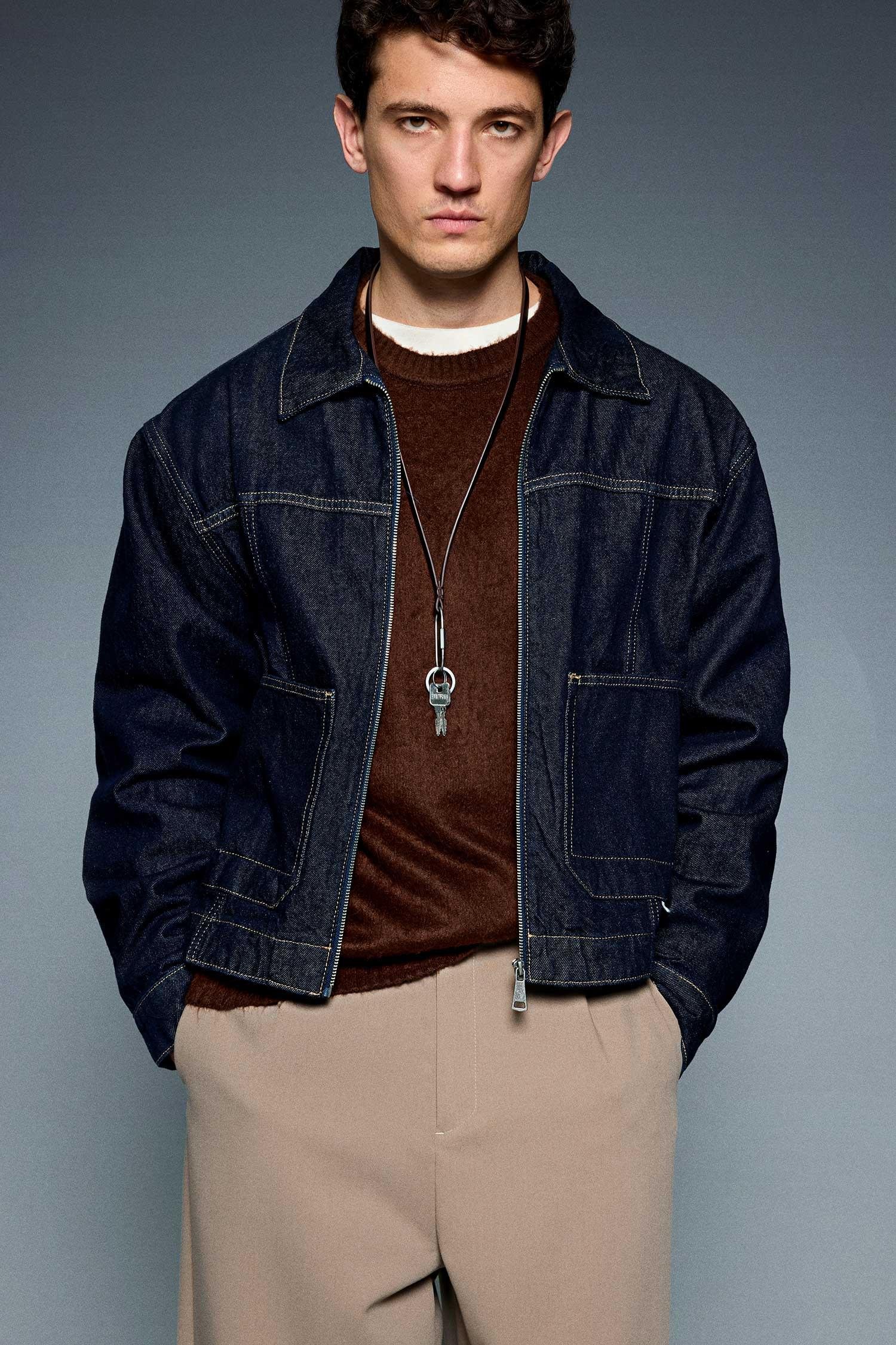 Erkek Oversize Fermuarlı Denim Ceket Lacivert