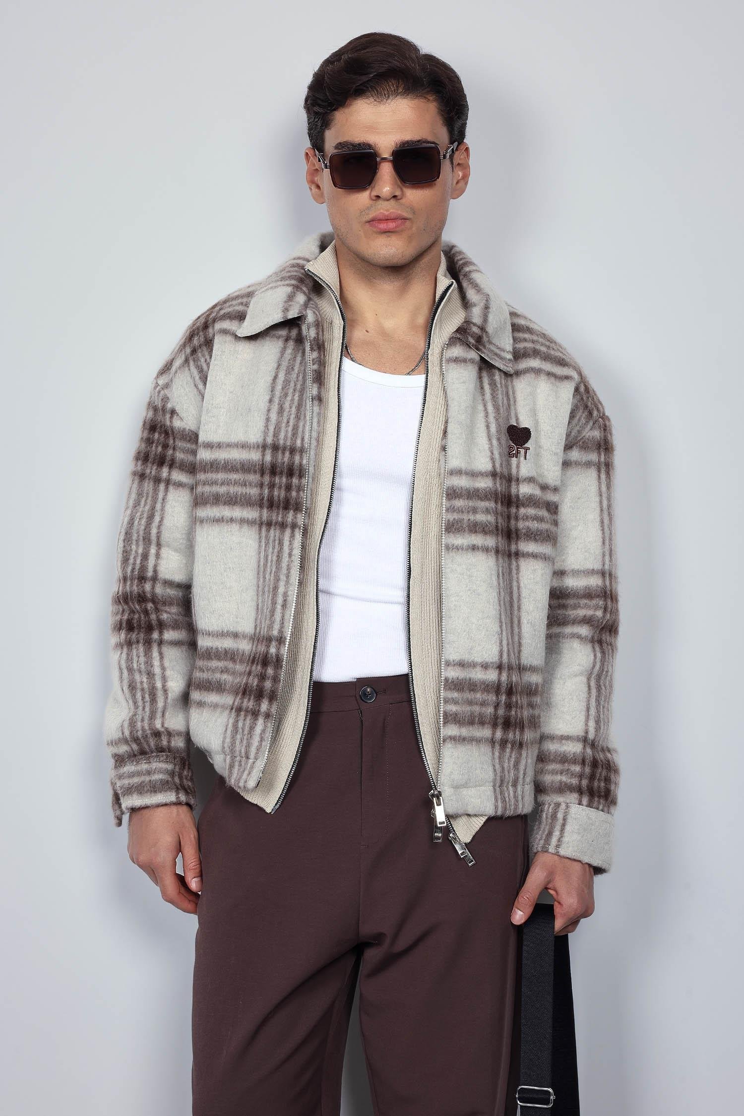 Erkek Oversize Fermuarlı Ekose Desenli Ceket Bej