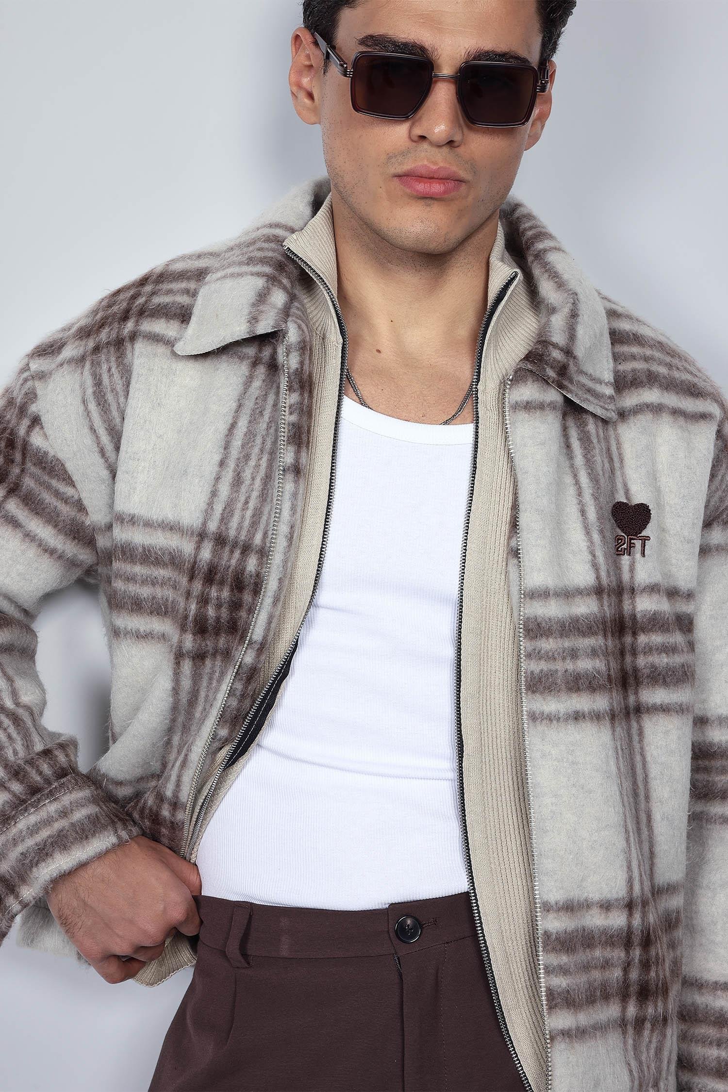 Erkek Oversize Fermuarlı Ekose Desenli Ceket Bej