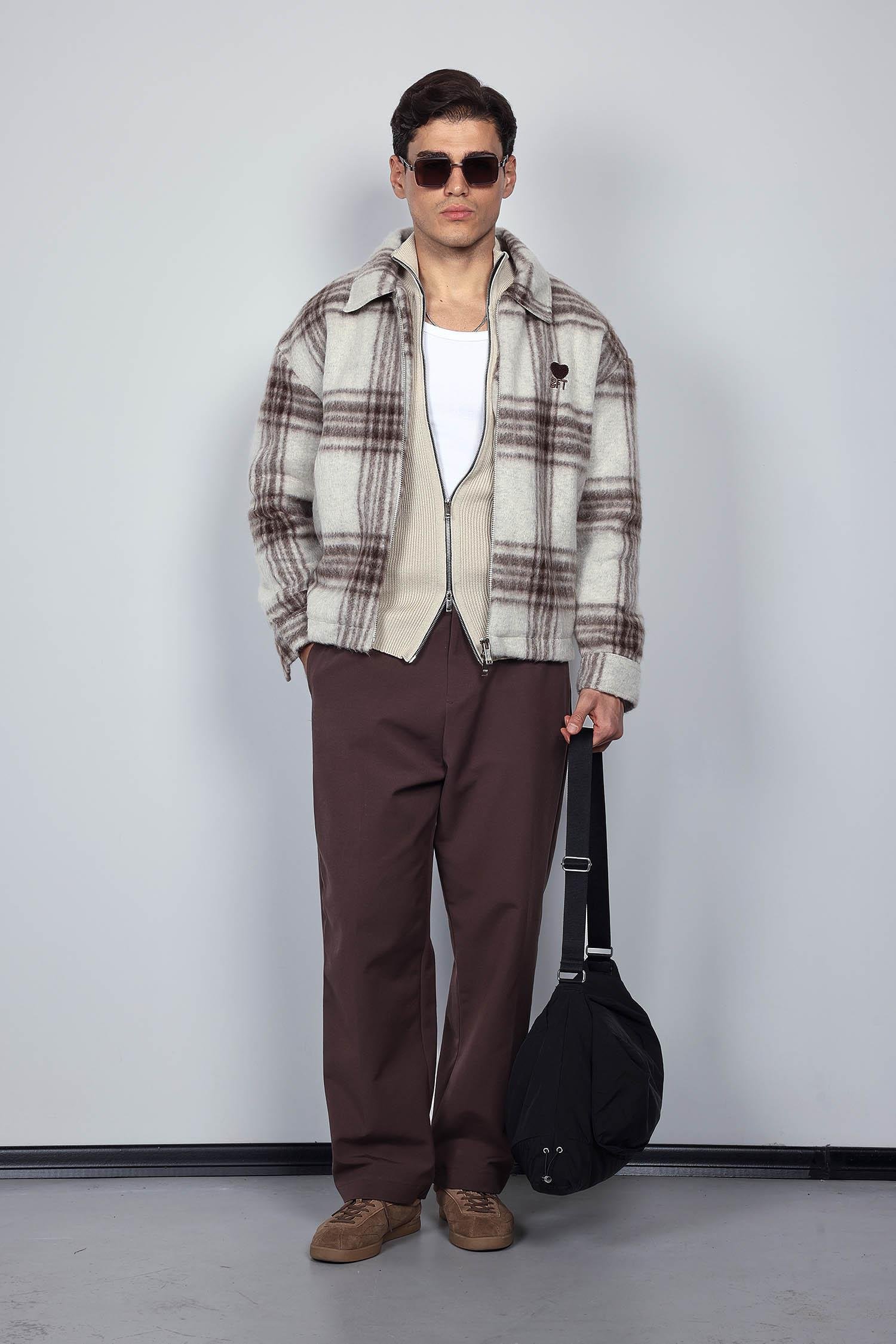 Erkek Oversize Fermuarlı Ekose Desenli Ceket Bej