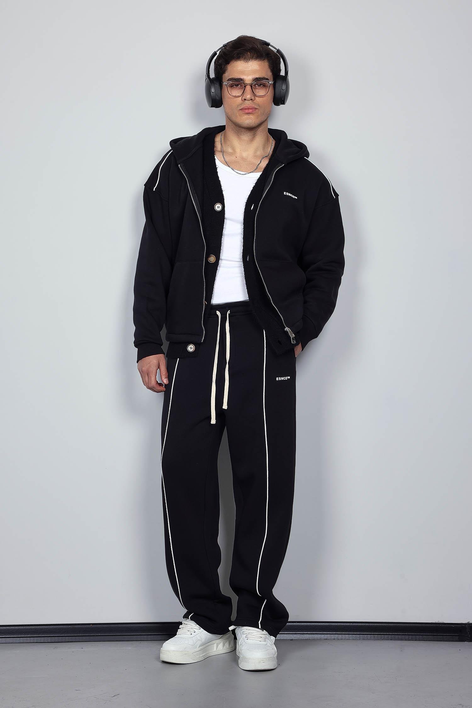 Erkek Oversize Fermuarlı Kapüşonlu Eşofman Takımı Siyah