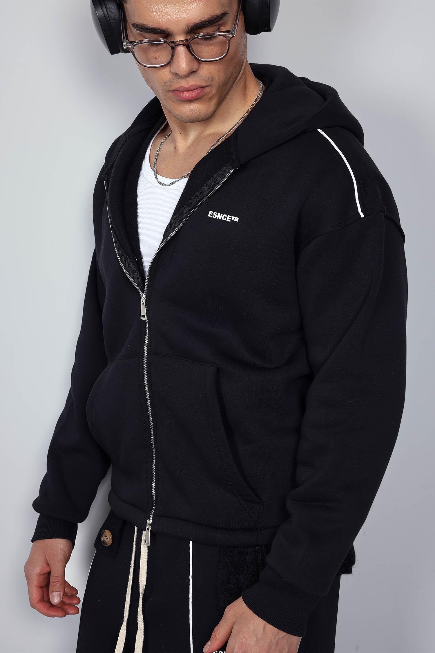 Erkek Oversize Fermuarlı Kapüşonlu Eşofman Takımı Siyah