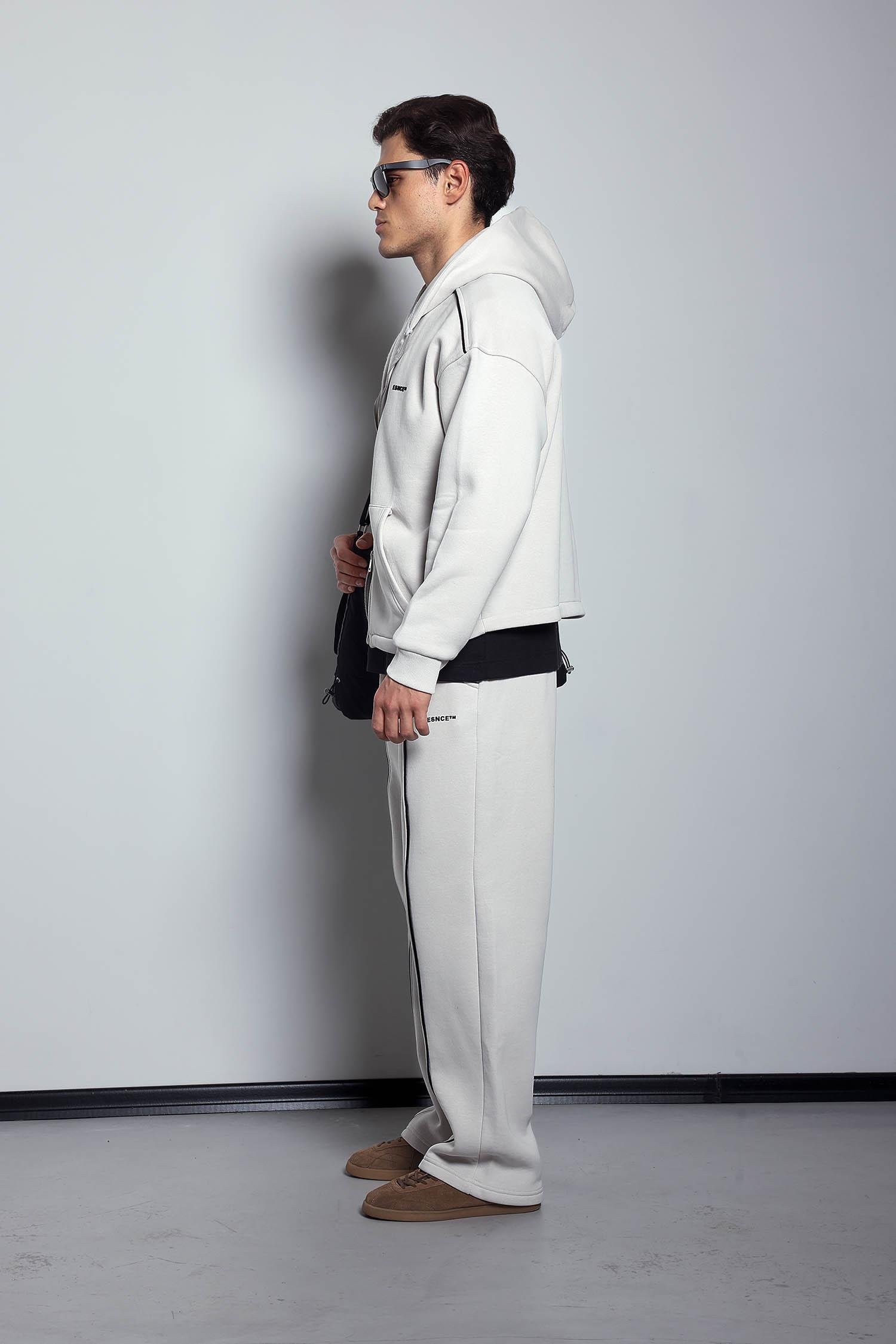 Erkek Oversize Fermuarlı Kapüşonlu Eşofman Takımı Gri