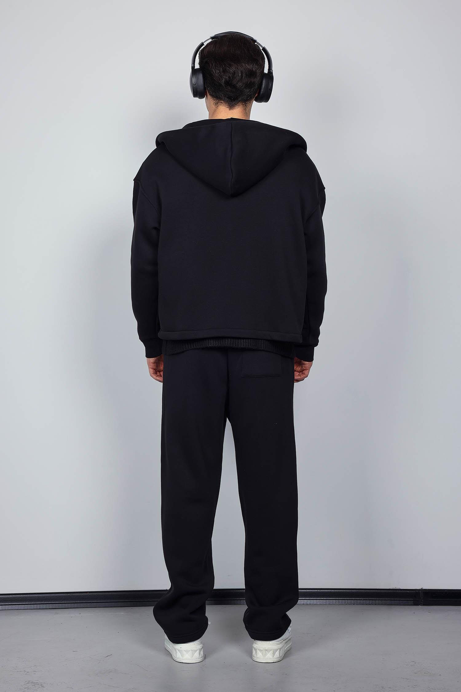 Erkek Oversize Fermuarlı Kapüşonlu Eşofman Takımı Siyah