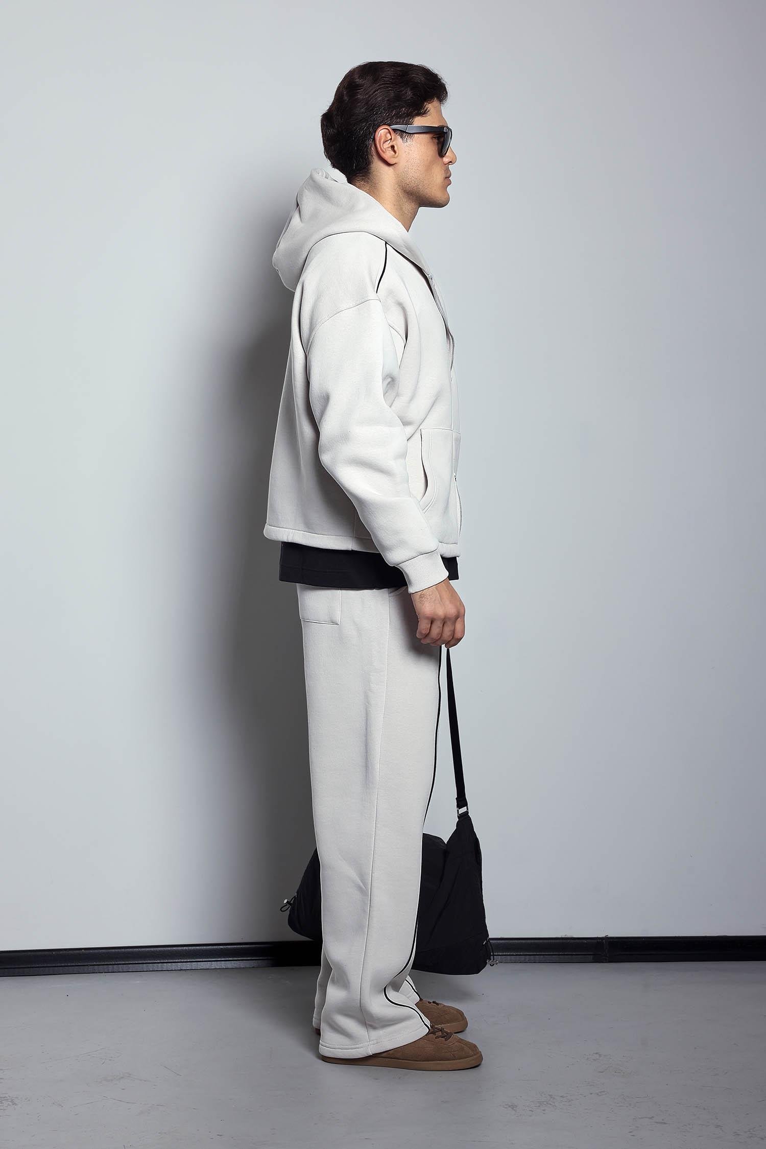 Erkek Oversize Fermuarlı Kapüşonlu Eşofman Takımı Gri
