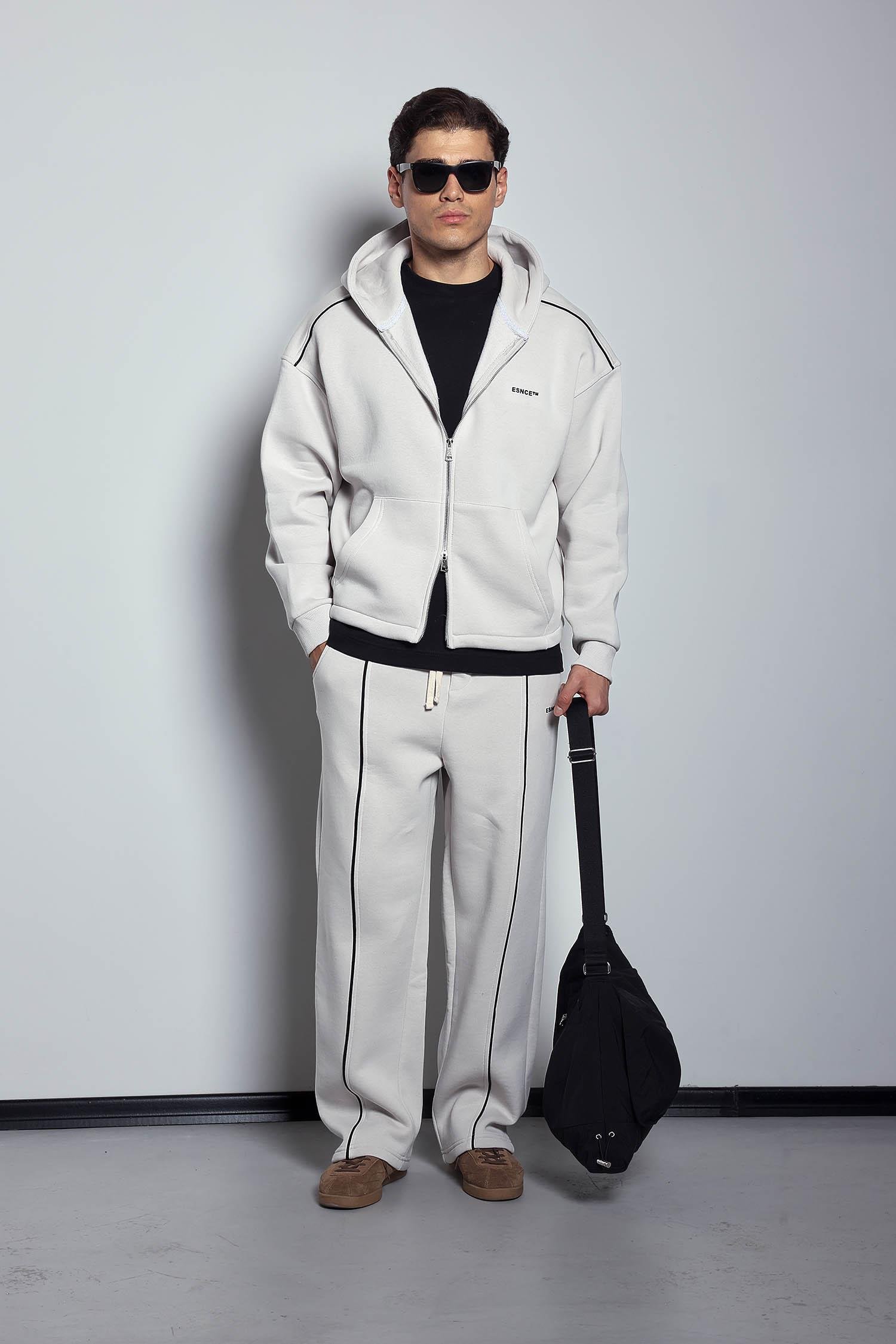 Erkek Oversize Fermuarlı Kapüşonlu Eşofman Takımı Gri