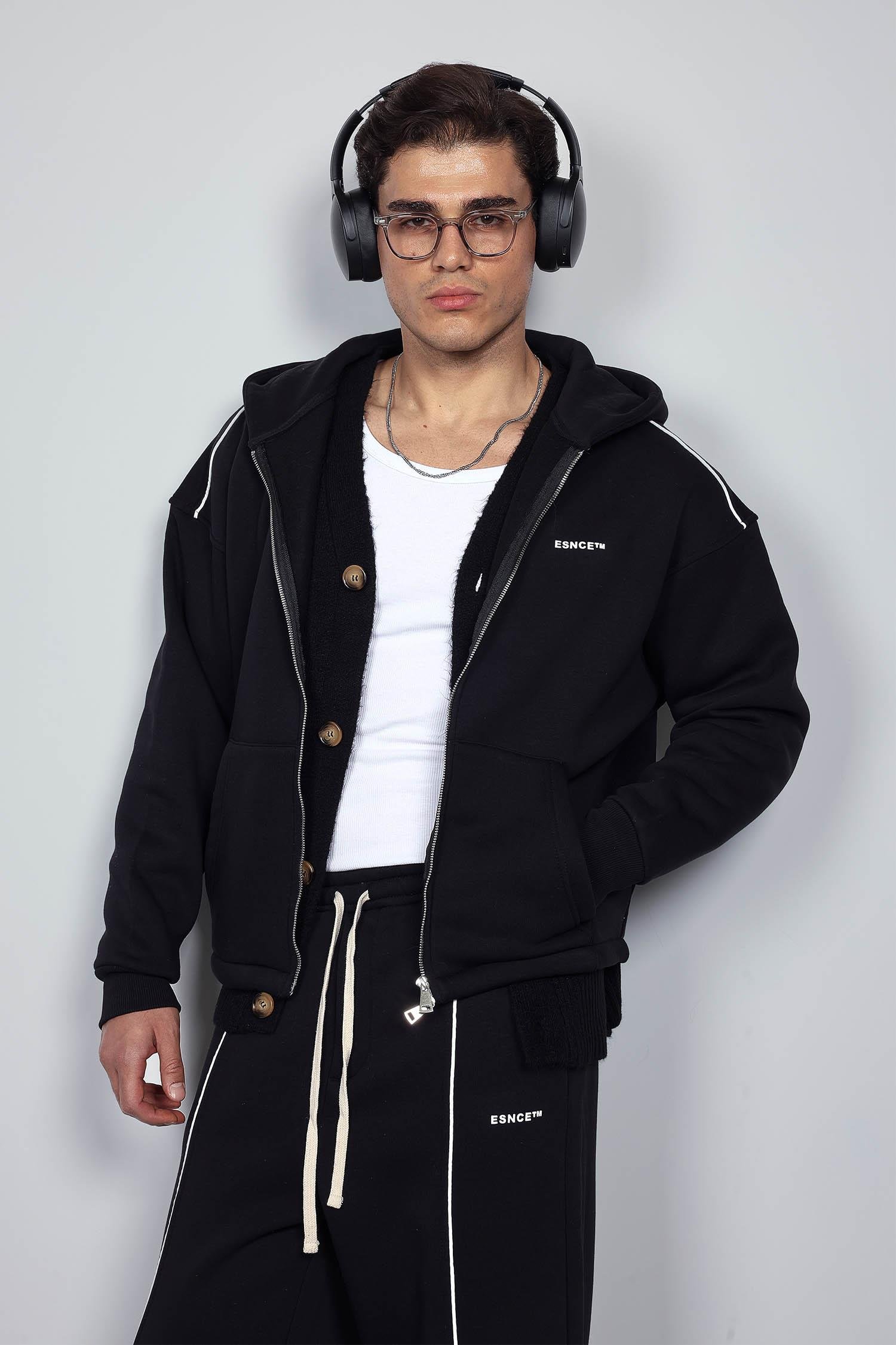 Erkek Oversize Fermuarlı Kapüşonlu Eşofman Takımı Siyah