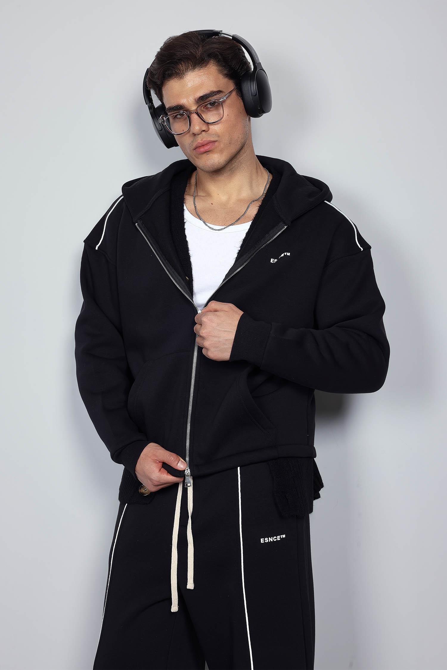 Erkek Oversize Fermuarlı Kapüşonlu Eşofman Takımı Siyah